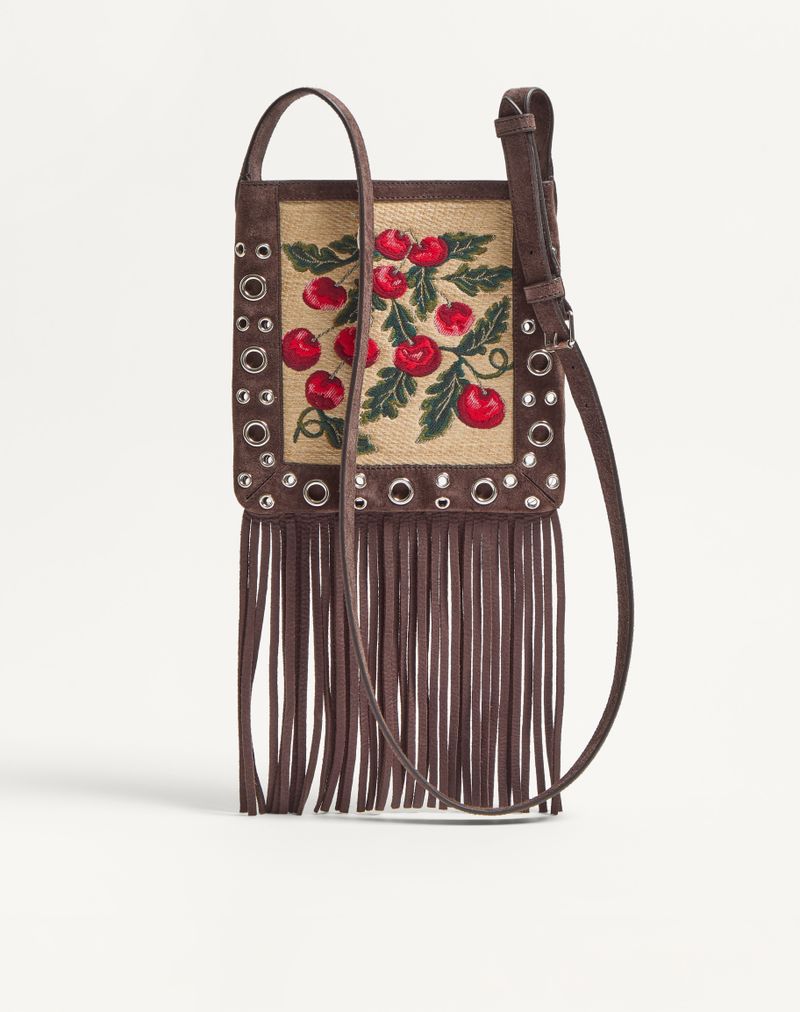 Valentino Garavani Nellcôte Lille Raffia Jacquard Skuldertaske med Kirsebærmotiv og Frynser