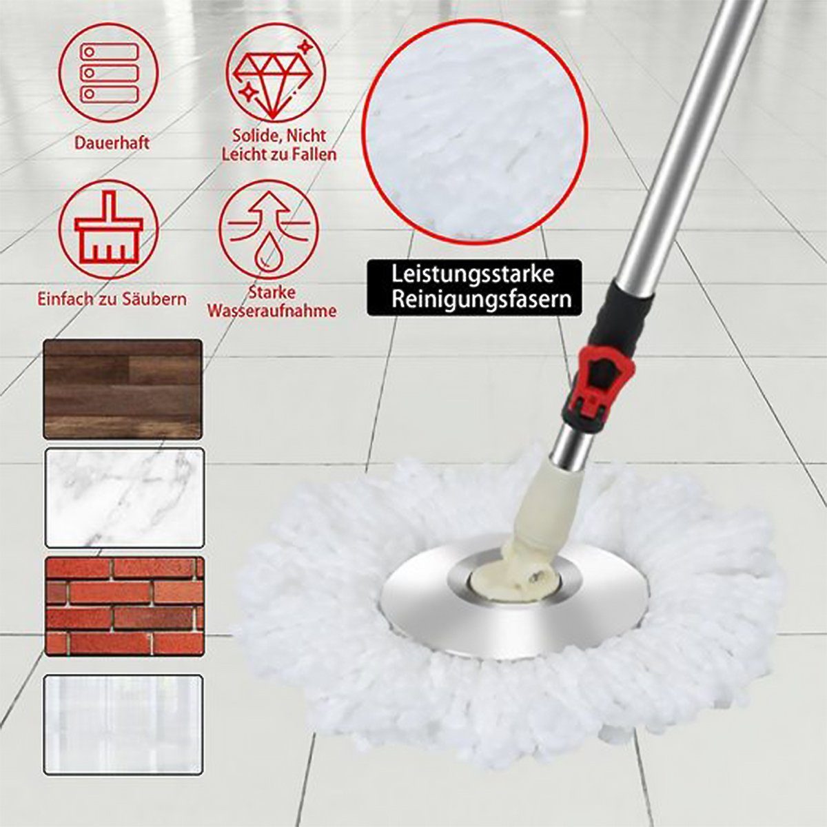 Hikeren Wischmopp Bodenwischer-Set mit Turbo,Leicht auswringen reinigen,3 Mikrofasertuch, Mit Putzeimer, drehbar