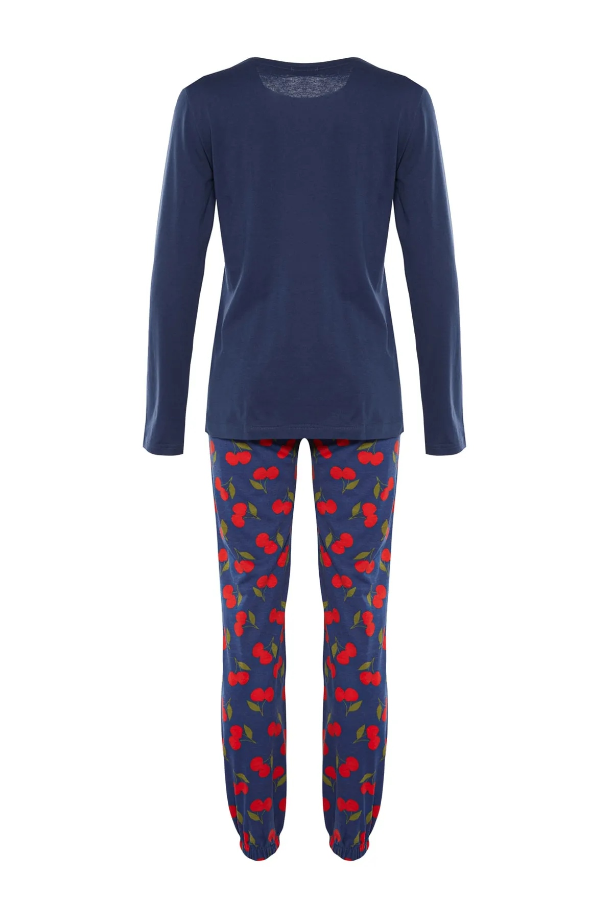 Trendyol Collection  Marineblaues gestricktes Pyjama-Set aus 100 % Baumwolle mit Kirschmuster THMAW23PT00494