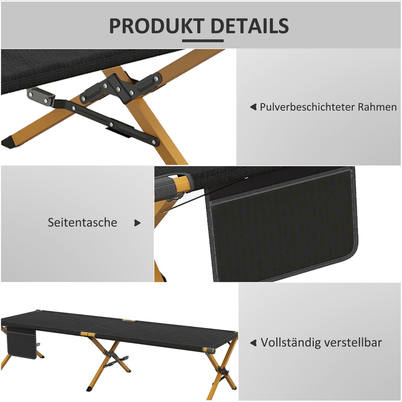 Outsunny Sonnenliege, Gartenliege, Klappbarer Liegestuhl mit Seitentache Schwarz