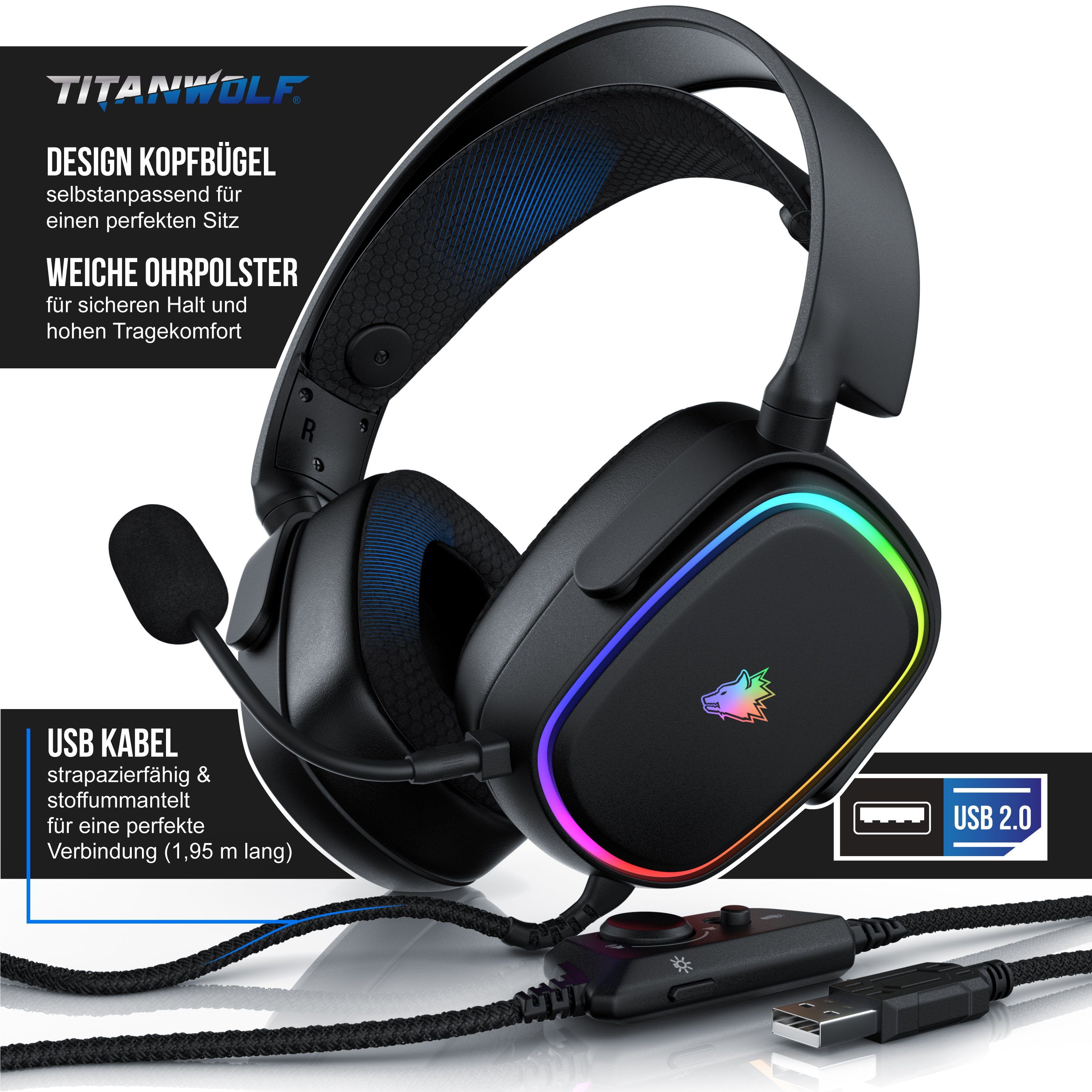 Titanwolf Gaming-Headset (Kabel mit Stoffummantelung; Mikrofon entnehmbar; Kabelfernbedienung mit Lautstärke; RGB Beleuchtung, 7.1 Virtuell Surround Kopfhörer, 1,95 cm Kabel, für PC, PS4 & PS5)