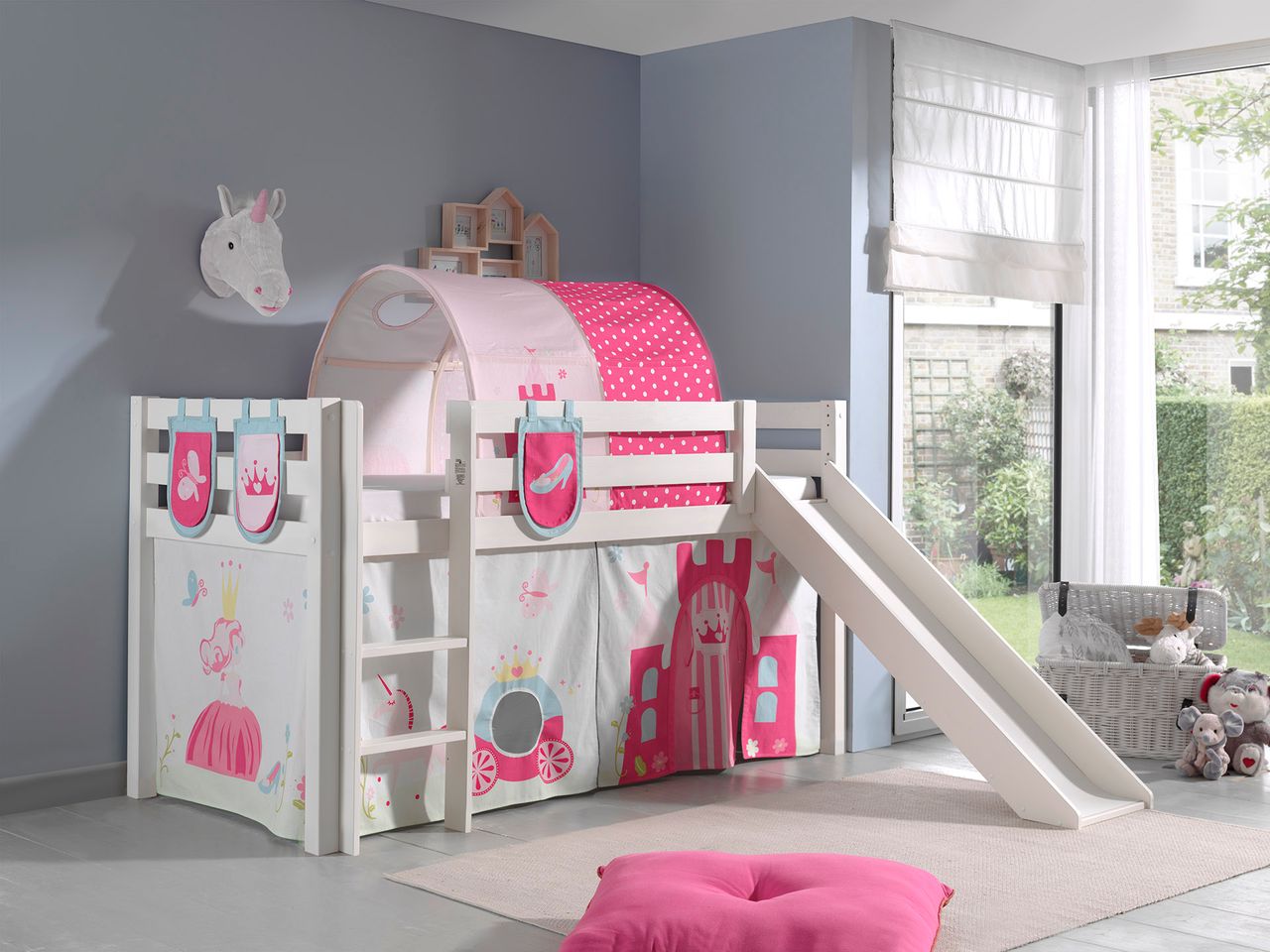 VIPACK Spielbett Pino inkl. Rutsche mit Textilset Vorhang, Tunnel und 3 Taschen 