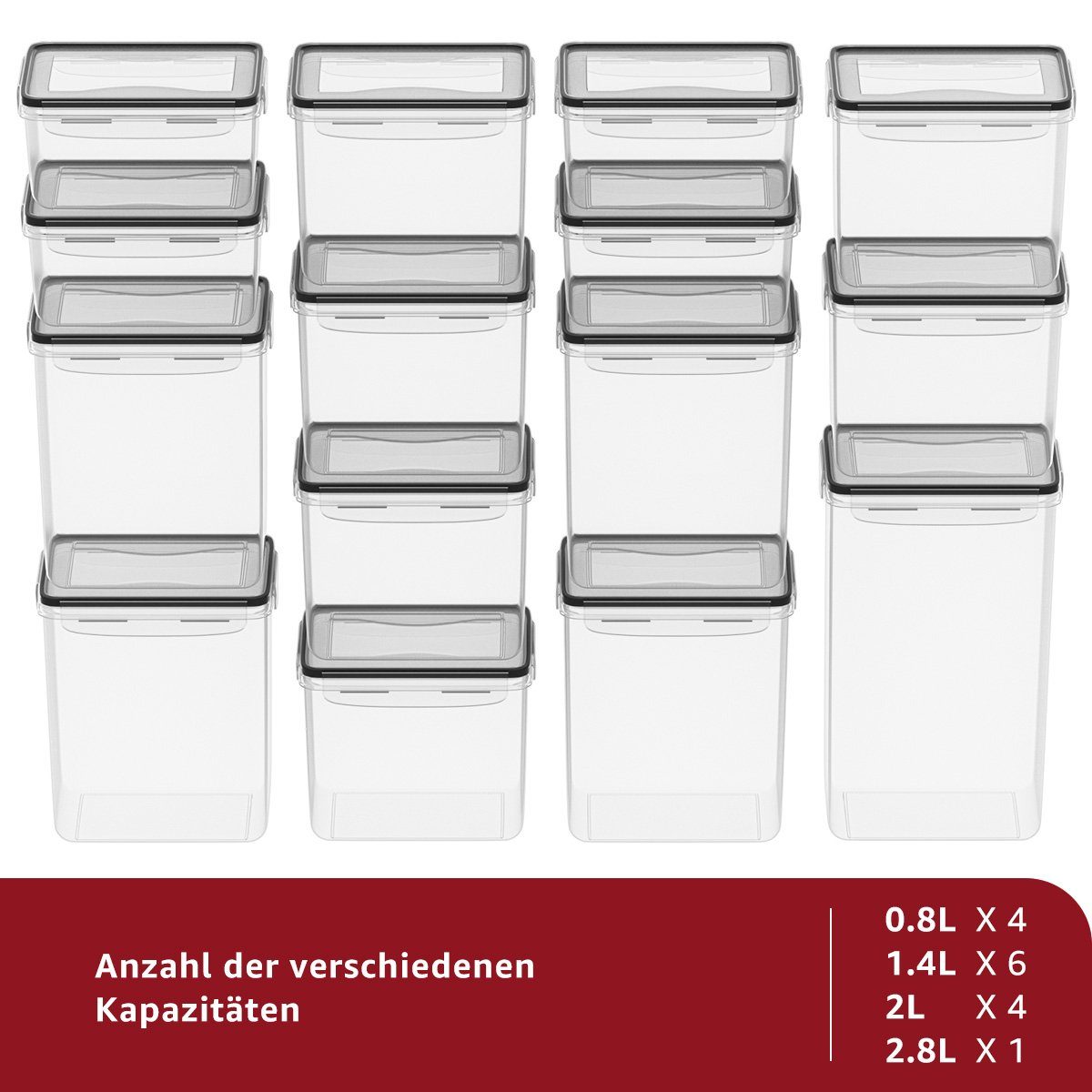 MULISOFT Vorratsdose 16er Set Vorratsdosen, Vorratsgläser, Aufbewahrungsbox Küche Organizer, Polyprophylen (PP), (22-tlg), Spülmaschinenfest, mikrowellengeeignet, 0,8 / 1,4 / 2,0 / 2,8 L