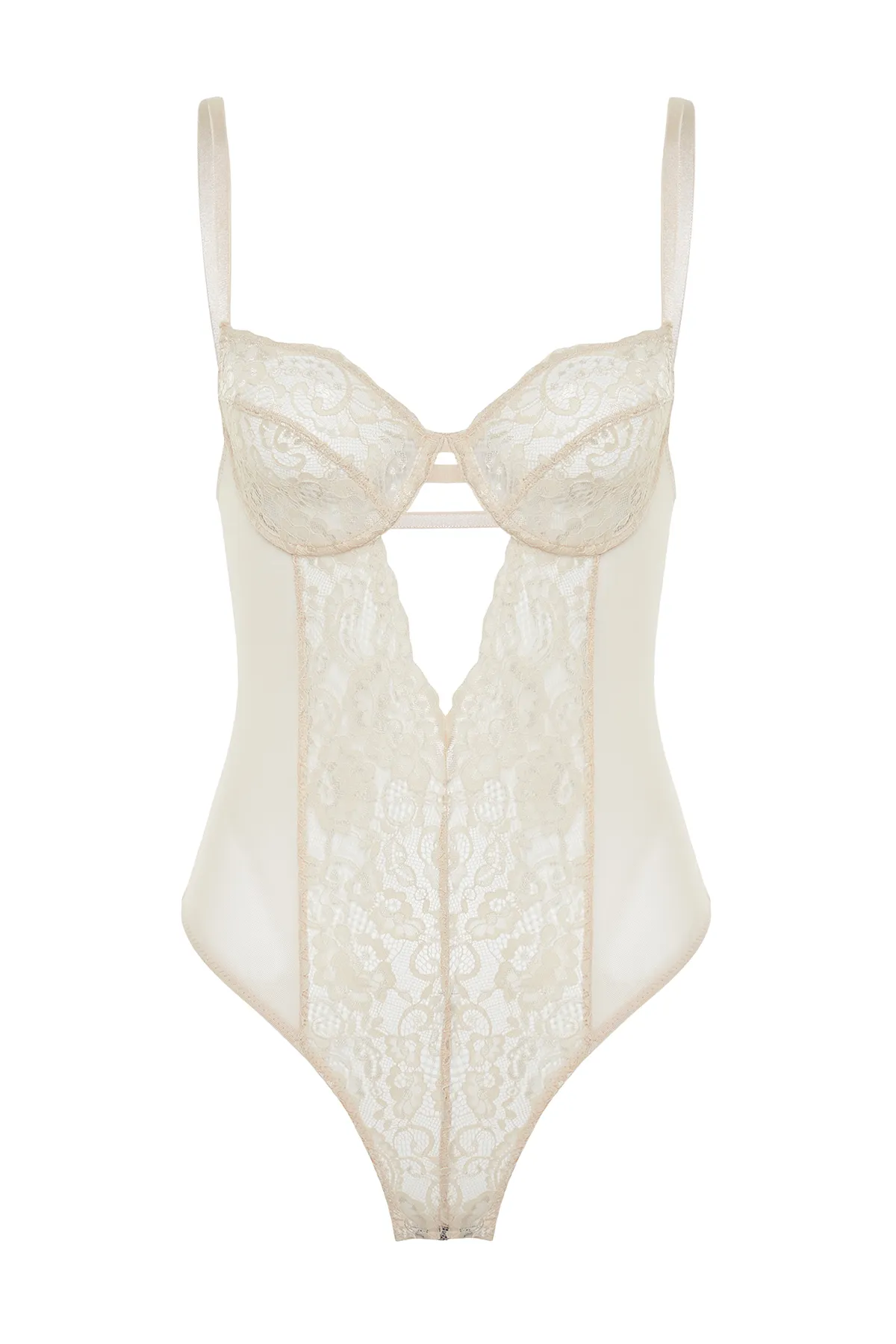 Trendyol Collection  Ecrufarbener Strickbody mit gerüschtem Fenster/Ausschnitt, Seilriemen und Druckknopf THMAW23BD00011