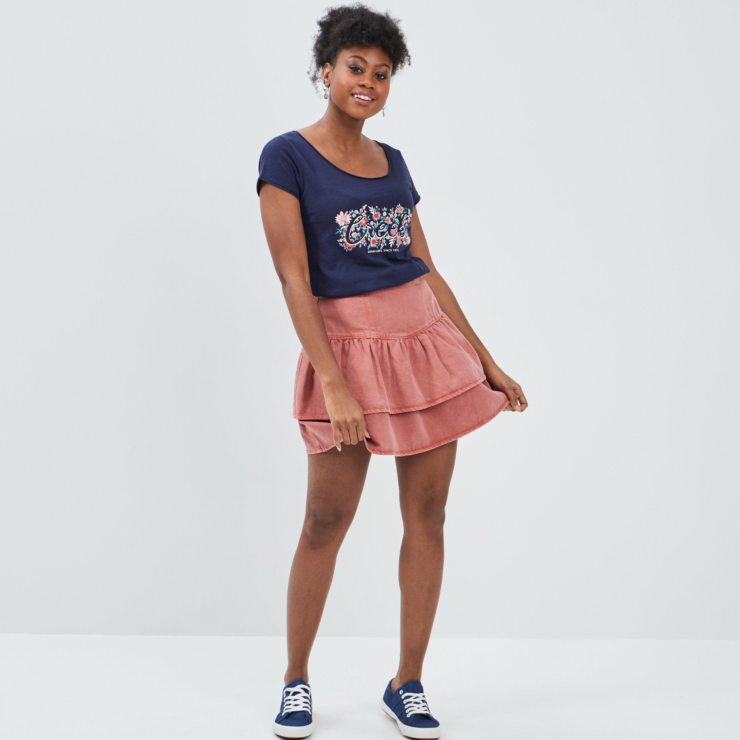 Jupe patineuse avec volants rose framboise femme | La Halle
