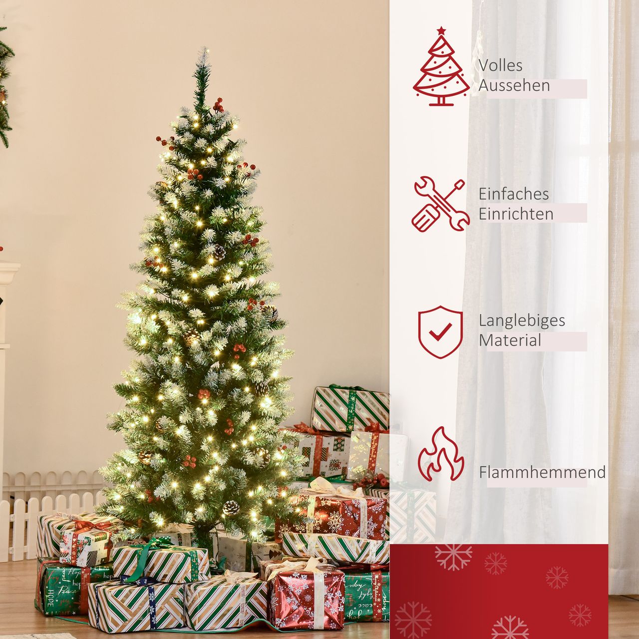 HOMCOM Weihnachtsbaum 1,5 m Christbaum Tannenbaum mit 25 roten Beeren Tannenzapfen LED-Lichter Kunsttanne 408 Zweige PVC Stahl Grün Weiß Ø53 x 150 cm