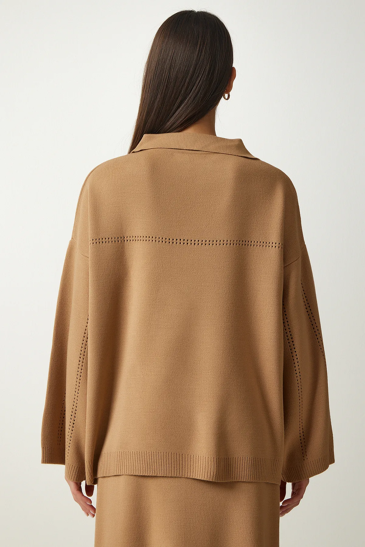 Happiness İstanbul  Kamelfarbener Damen-Polokragen-Stilvoller Strickpullover-Rock-Anzug YY00186