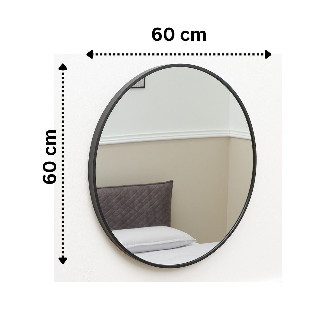 Terra Home Wandspiegel Spiegel rund 60x60 Schminkspiegel Metallrahmen (schwarz, Badezimmerspiegel Flurspiegel), inklusive Schrauben und Dübel