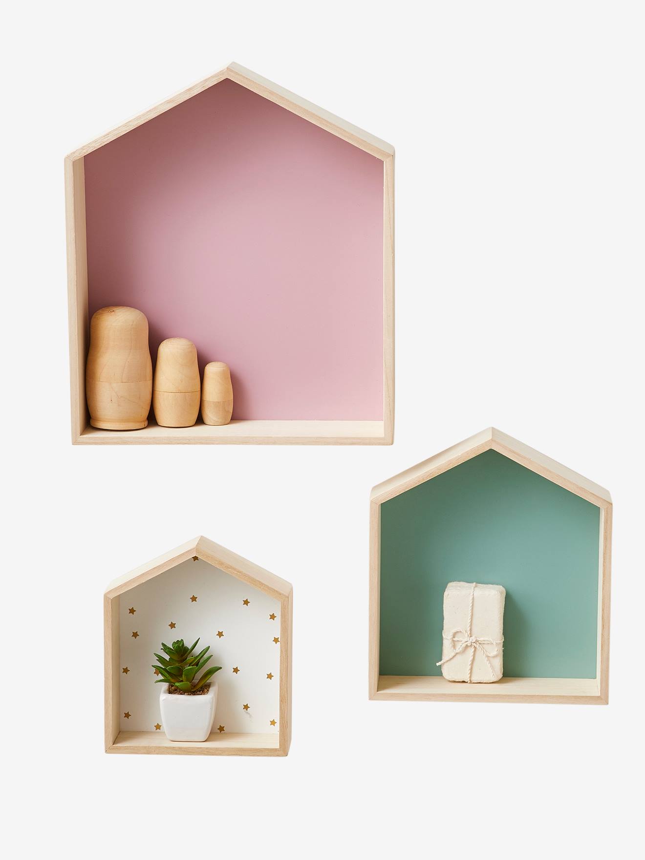 Lot de 3 étagères maison bois rose