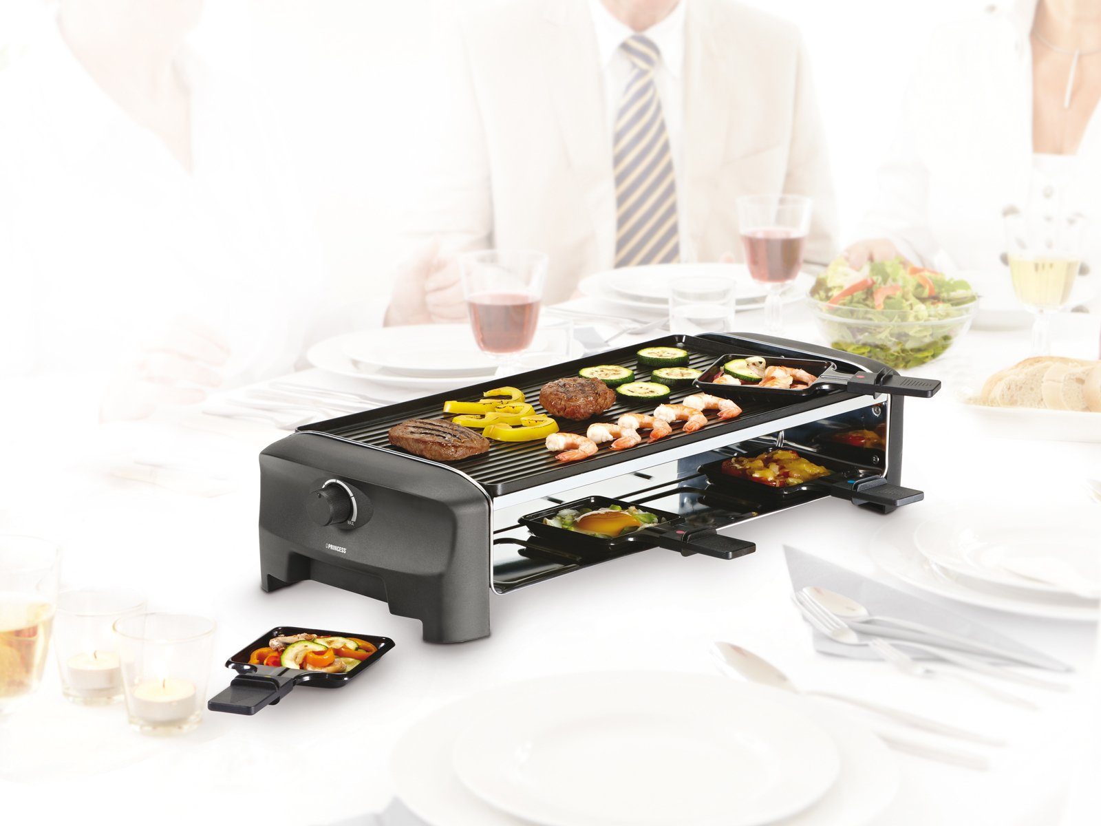 Setpoint Raclette, 8 Raclettepfännchen, 1400 W, großes XL Gerät für 2-8 Personen Tisch-Grill wendbare Platte & Gabeln