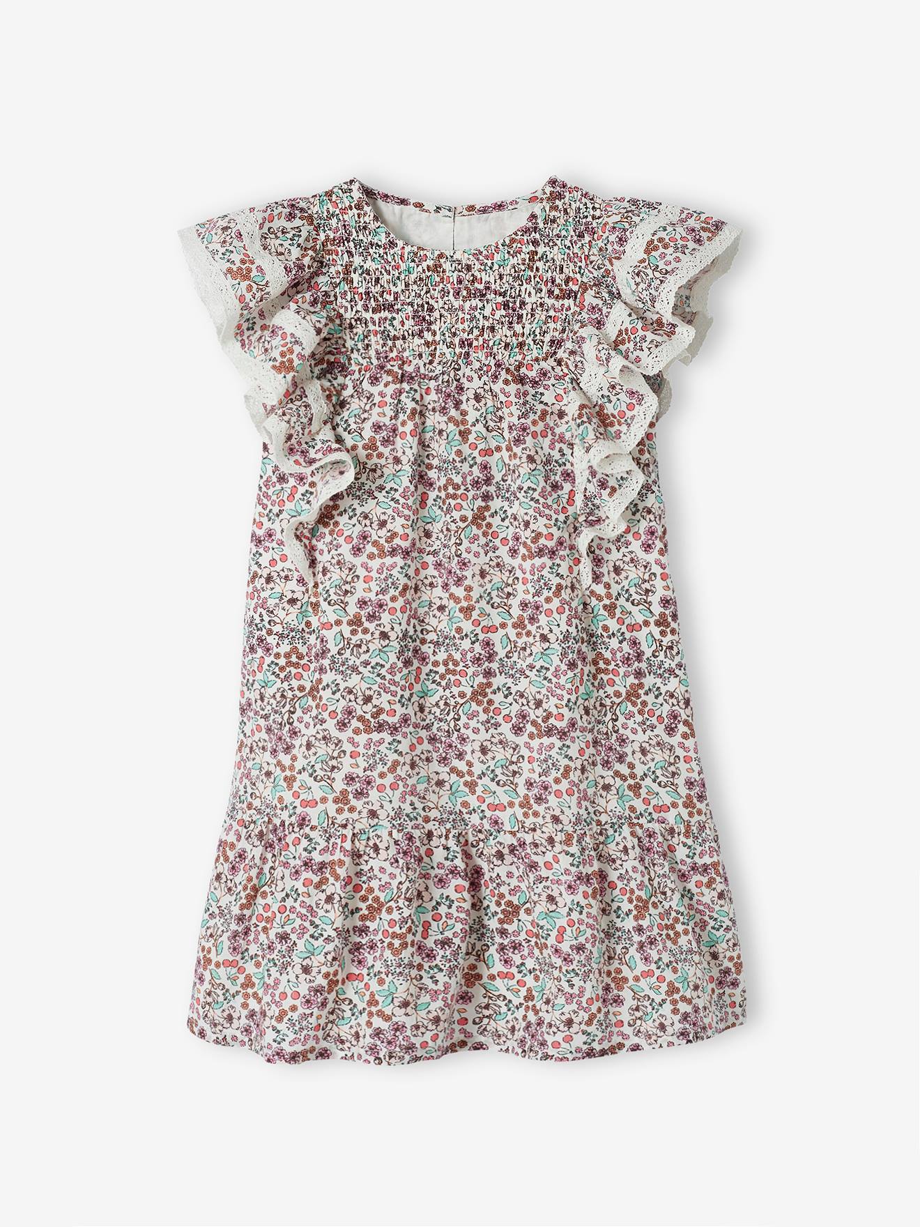 Robe motifs fleurs de cerisier fille manches volantées écru