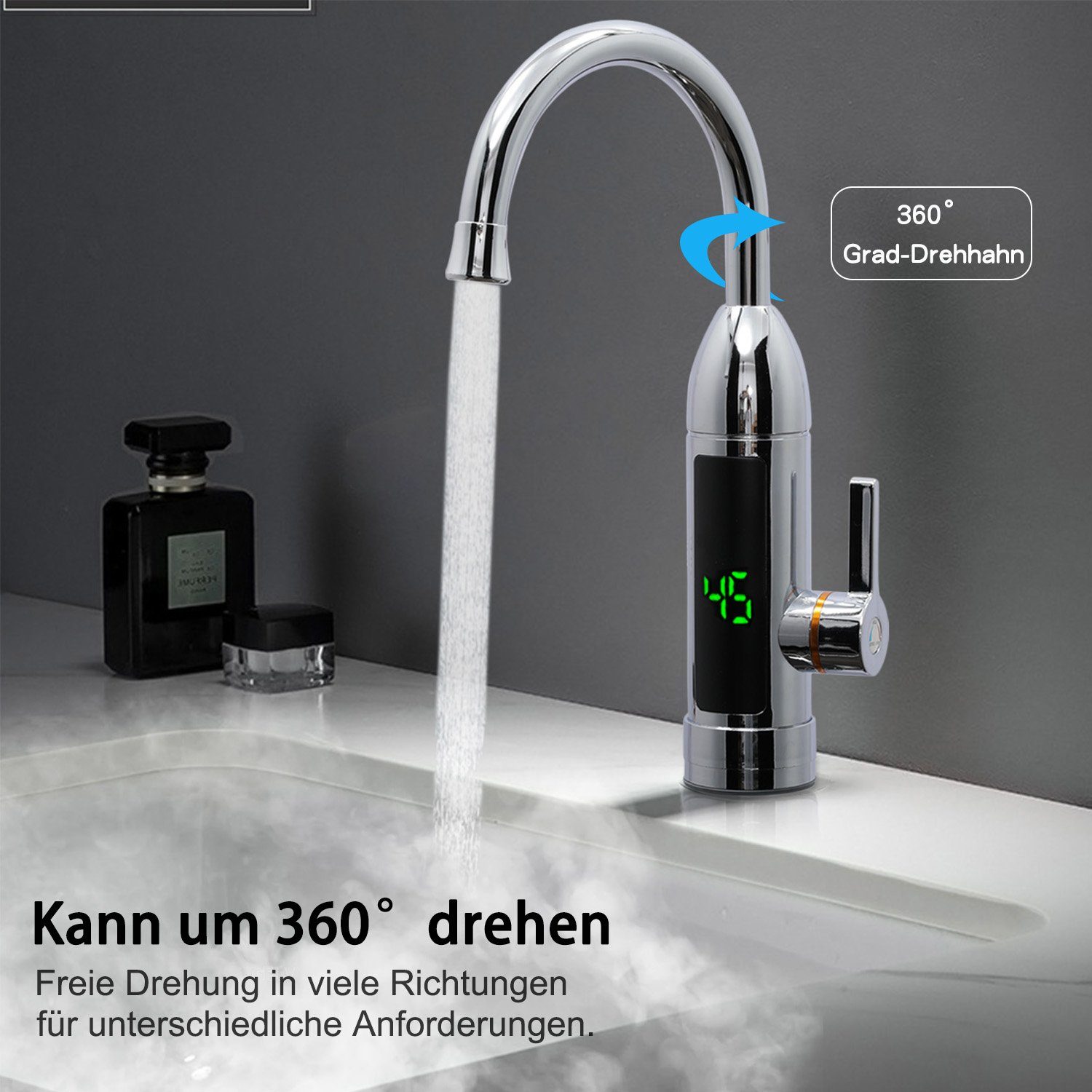 Kpaloft Durchlauferhitzer Elektrisch Warmwasserhahn, LED Temperaturanzeige einstellbar 360° schwenkbar