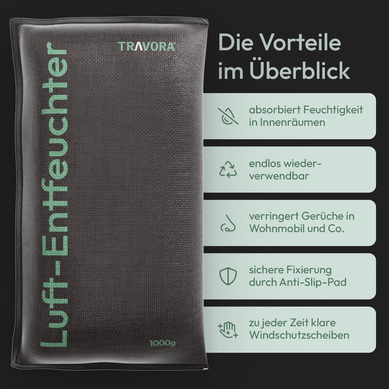 TRAVORA Luftentfeuchter Luftentfeuchter Auto Kissen mit Anti-Rutsch Pad, wiederverwendbar 1 kg