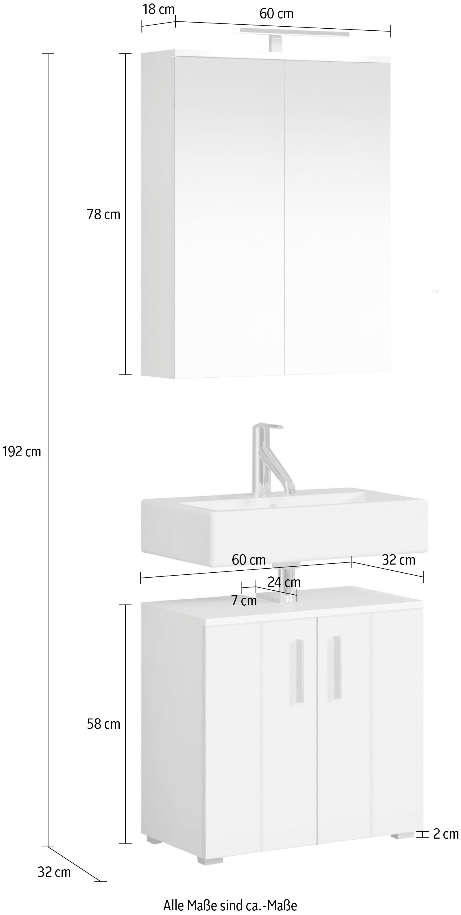 welltime Badezimmer-Set Prag, (Set, 2-St), Waschbeckenunterschrank & Spiegelschrank