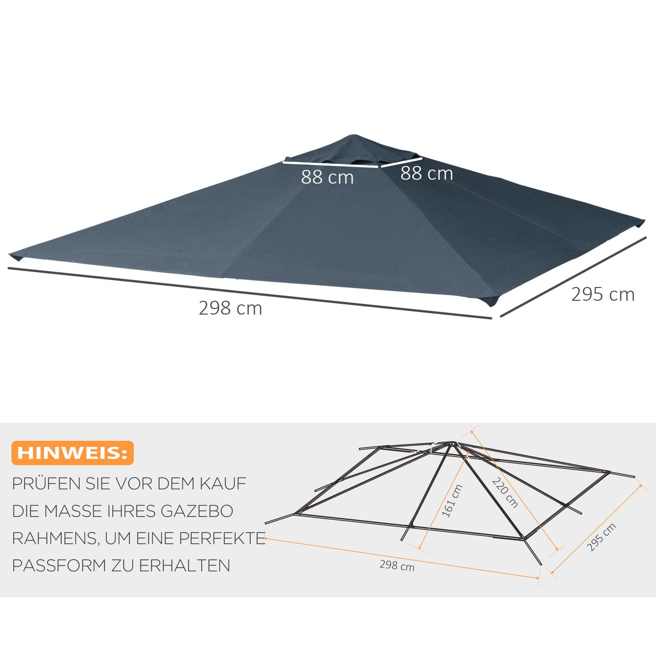 Outsunny Pavillondach Ersatzdach Pavillonabdeckung Polyester Grau 3x3m
