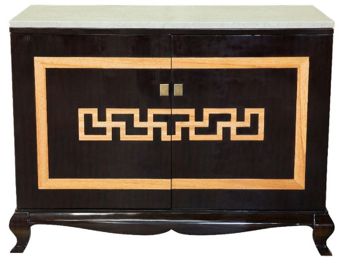 Casa Padrino Barschrank Luxus Barock Likörschrank Schwarz / Naturfarben / Creme 110 x 55 x H. 87 cm - Massivholz Barschrank - Schnapsschrank mit Marmorplatte - Bar Möbel im Barockstil