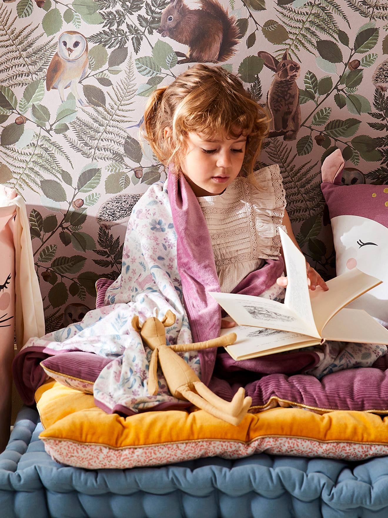 Vertbaudet Kinder Samt-Decke WUNDERLAND Oeko Tex - aubergine/mehrfarbig bedruckt