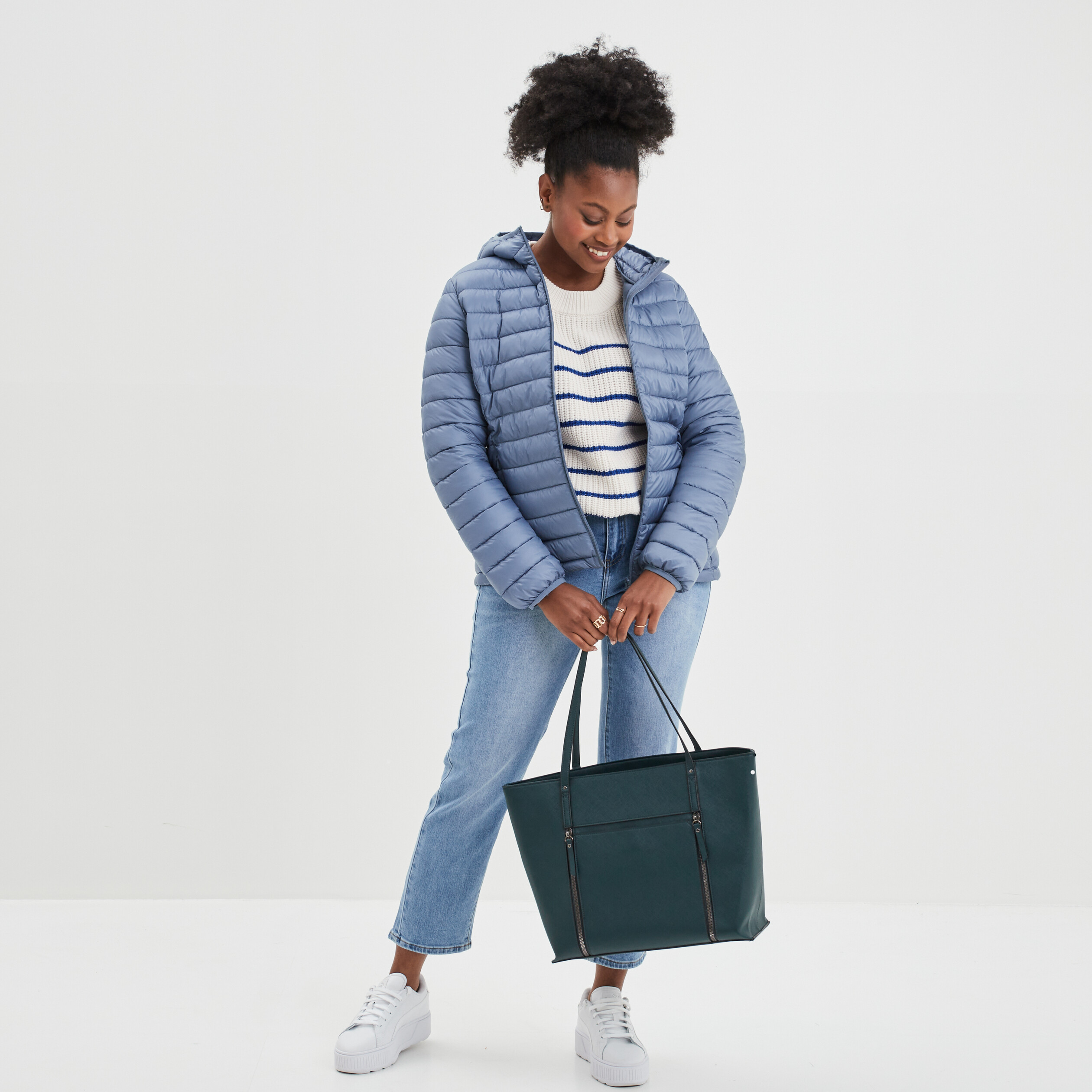 Doudoune légère droite à capuche bleu gris femme | La Halle