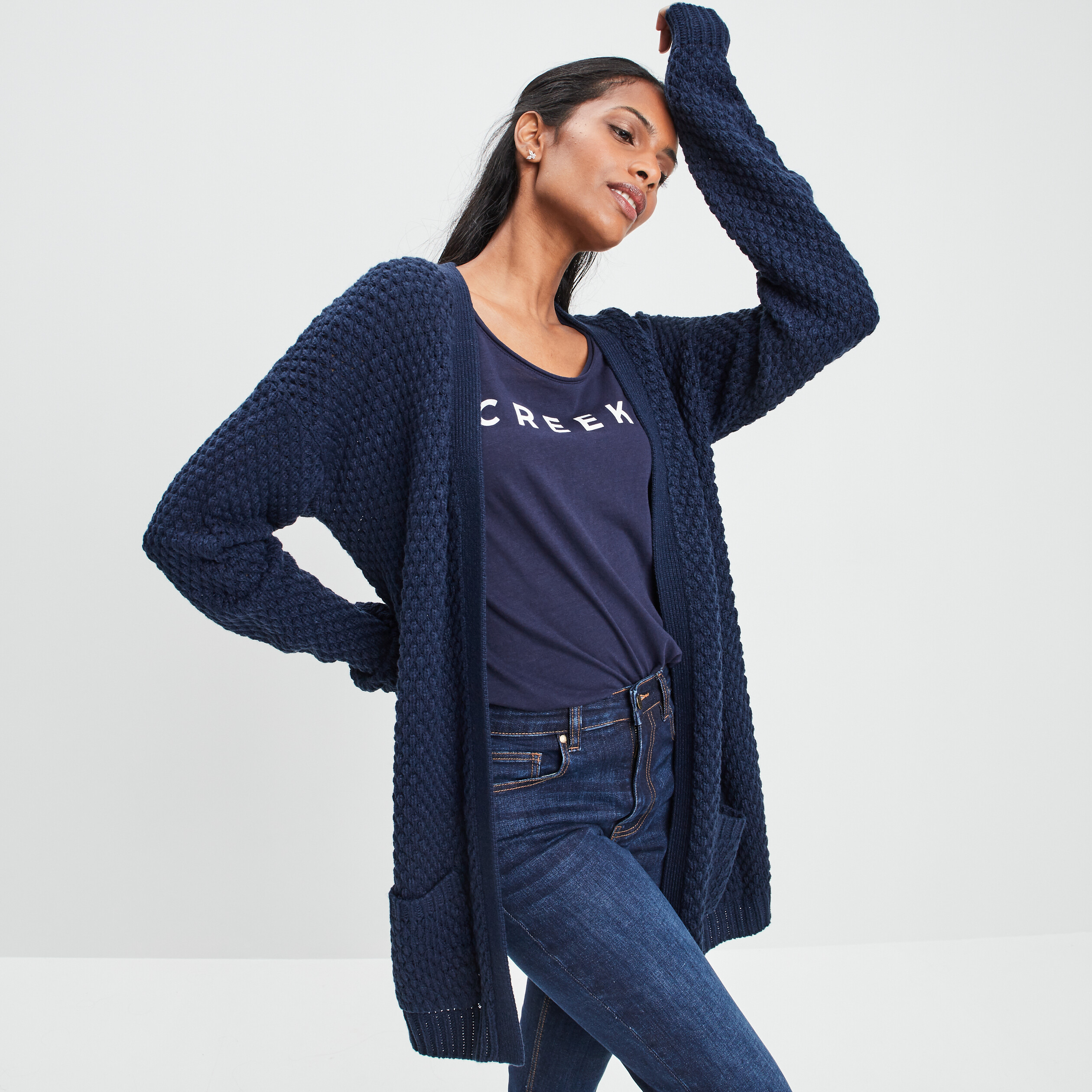 Gilet long manches longues bleu marine femme | La Halle