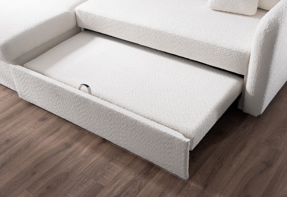 Möbel Punkt Ecksofa NICE Abriamo Boucle Ecru Hell mit Bett und Bettkasten Ottomane Universell Rechts Links