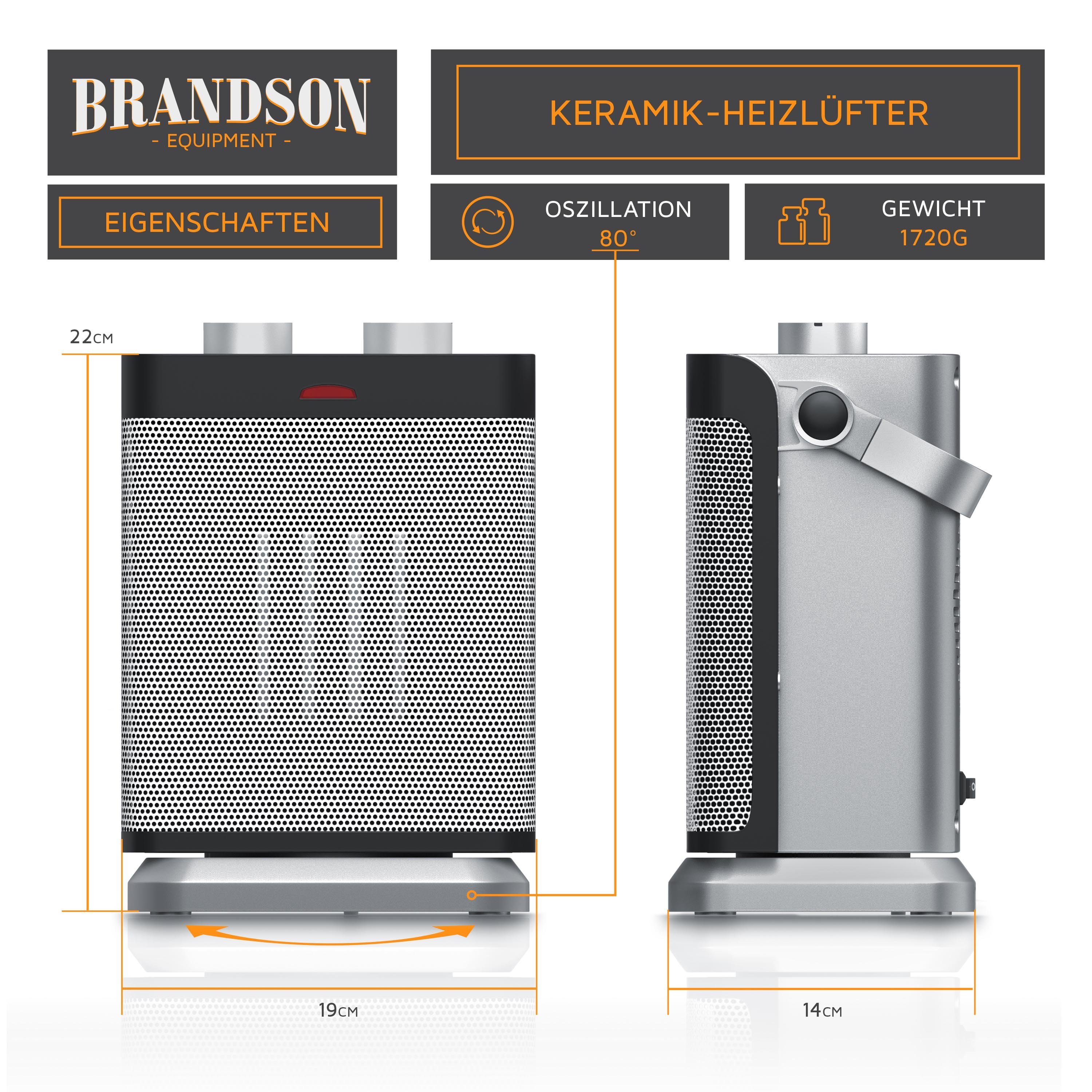 Brandson Keramikheizlüfter, 1800 W, Badezimmer Keramikheizgerät mit Temperaturregelung & Lüfterfunktion