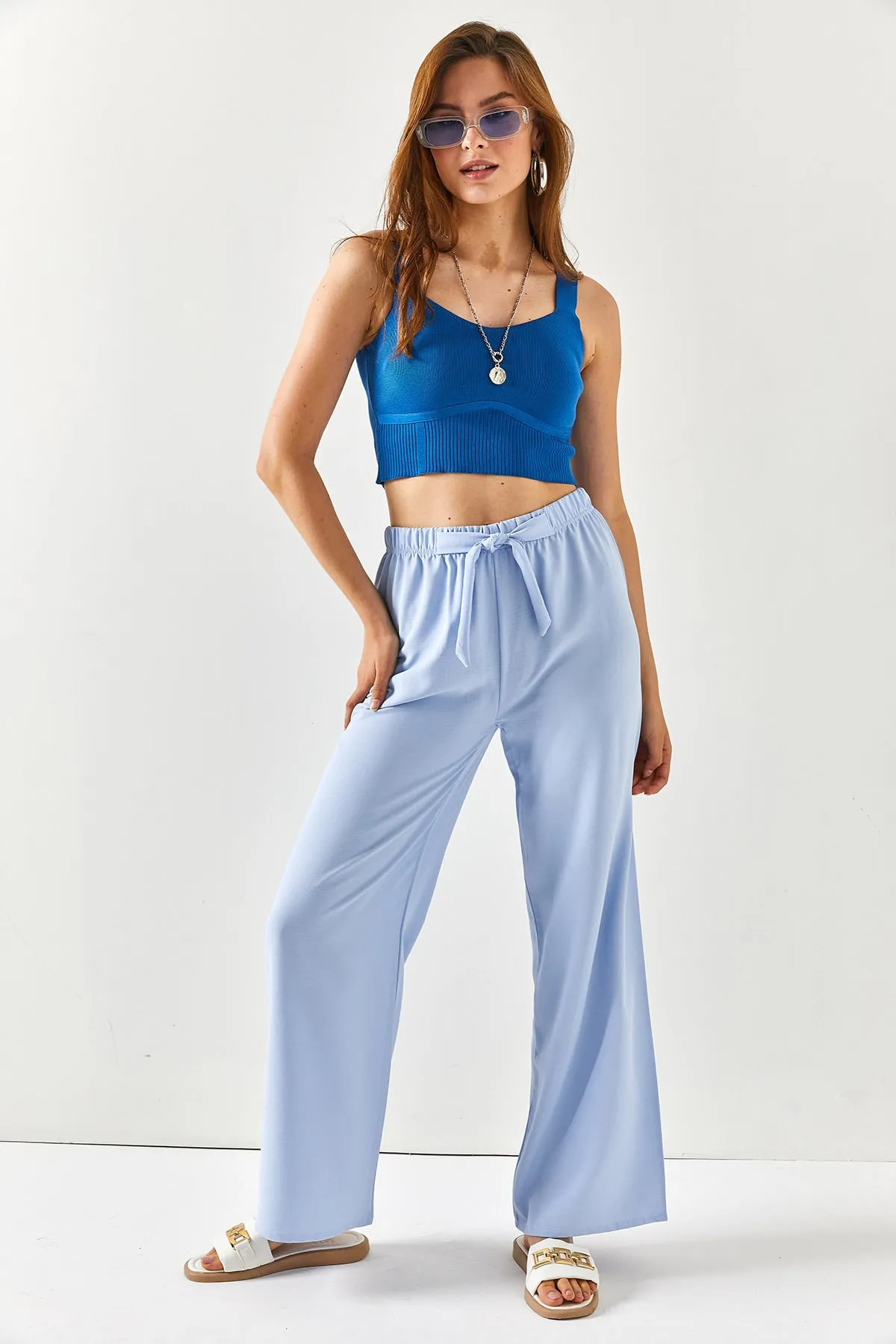 Olalook  Eisblaue Palazzo-Ayrobin-Hose mit Gürtel und elastischem Bund für Damen PNT-19000200
