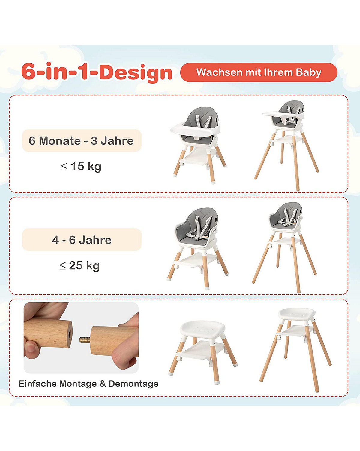 6 in 1 Hochstuhl mit Sitzkissen mit Tablett abnehmbar
