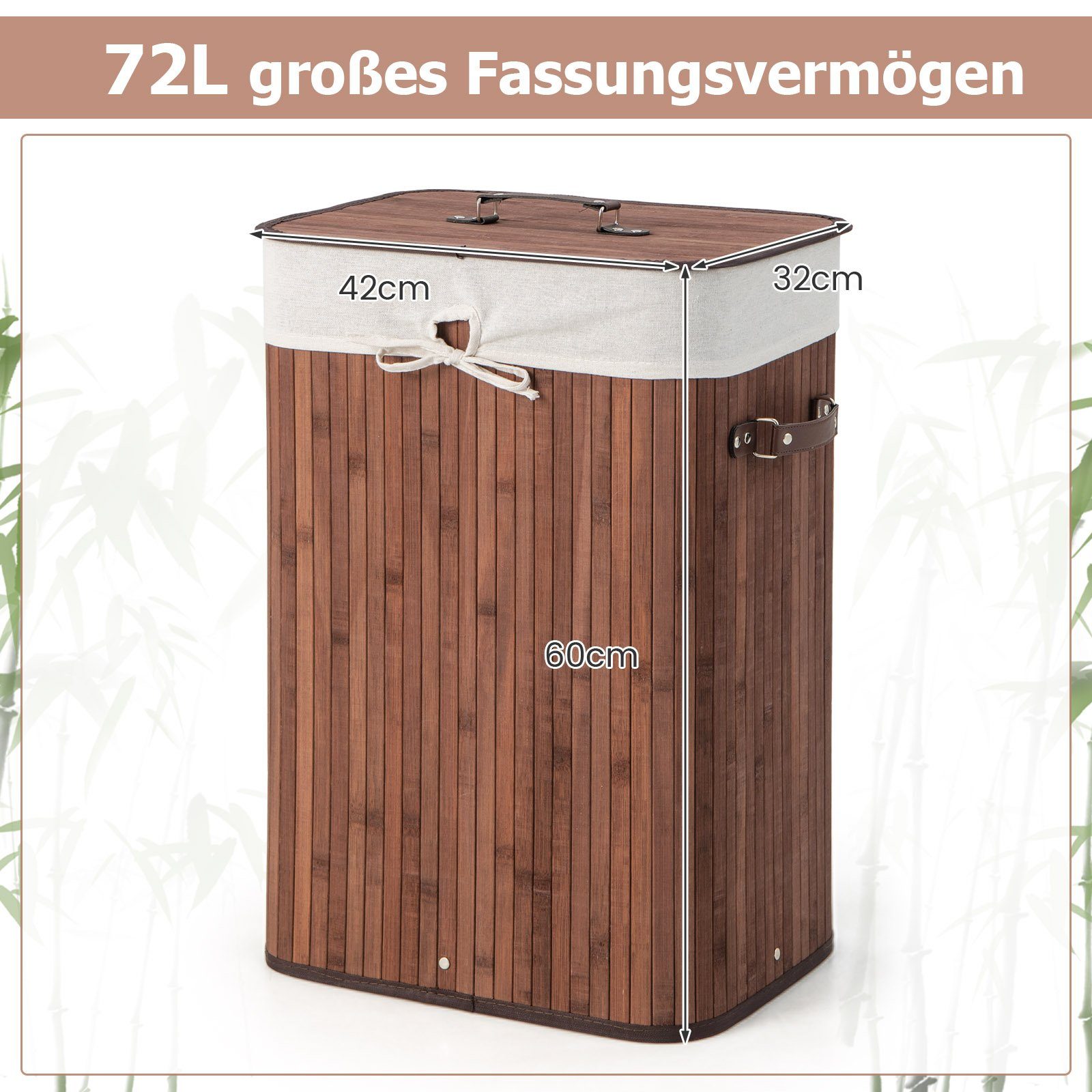 COSTWAY Wäschekorb, mit Deckel, 72L, Bambus, mit ausnehmbarer Innentasche
