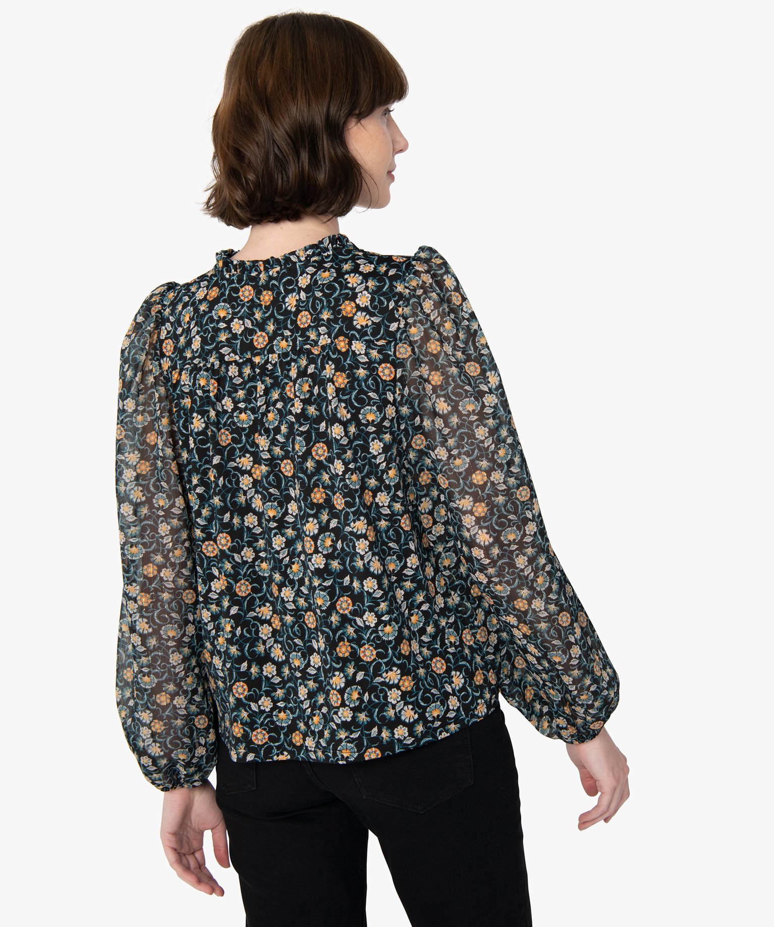 Blouse femme en voile avec rayures pailletées sur les manches | GEMO