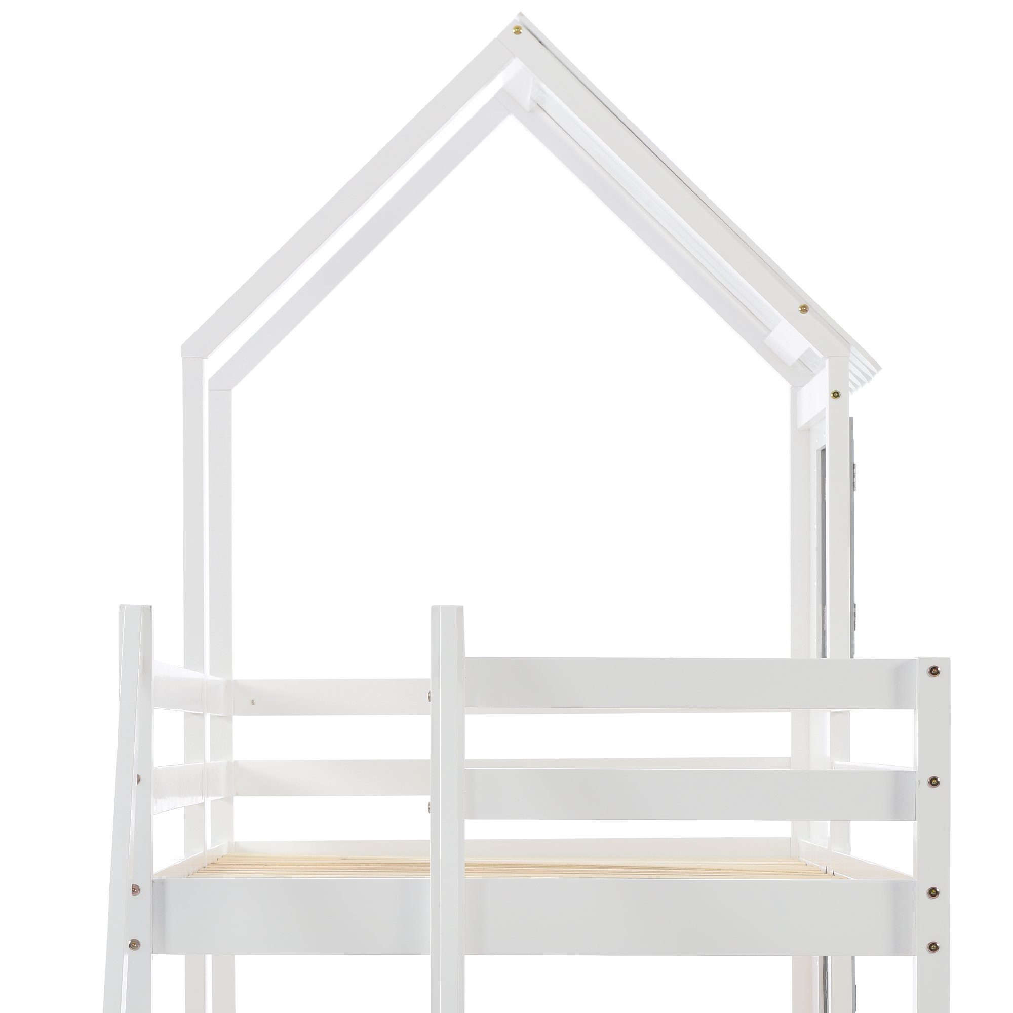 OKWISH Etagenbett Etagenbett mit Handlauf und Fenster, Bett, Kinderbett (Kinderbett mit Fallschutz und Gitter, Fallschutz und Gitter), Rahmen aus Kiefer,90x200cm