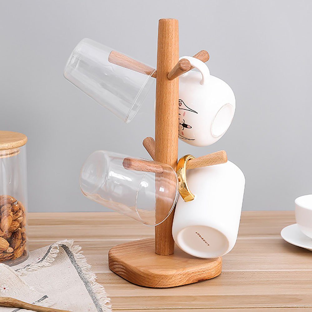 Aphollod Gläserhalter Tassenbaum, Becher-Aufhänger, Kaffee-Becherhalter mit 6 Haken, Holz-Kaffeebecher-Halter für Theke