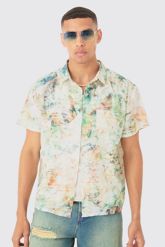Kastiges Leinen-Hemd mit Wasserfarben-Print