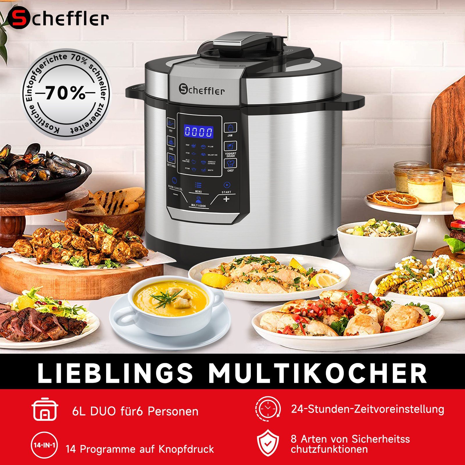 Scheffler Multikocher 6L Elektrischer Reiskocher Schnellkochtopf, 14 Automatische-Programme, 1000,00 W, 6,00 l Schüssel, Schongarer, Wokpfanne, Joghurtbereite & Mehr, Edelstahl, Timer