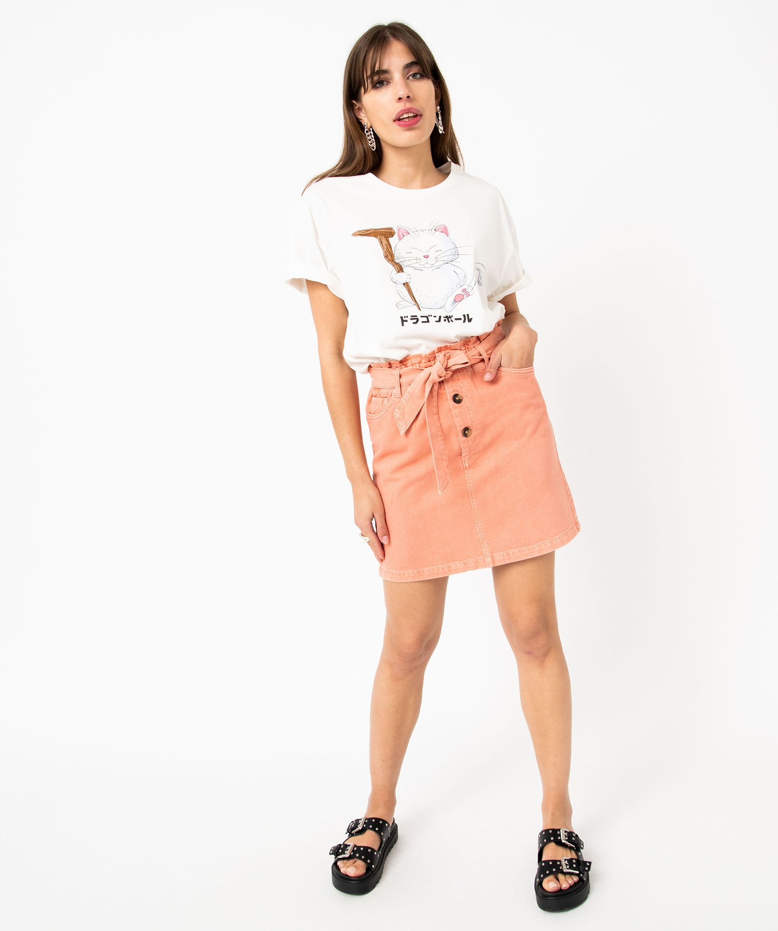Jupe en toile denim avec ceinture femme orange | GEMO