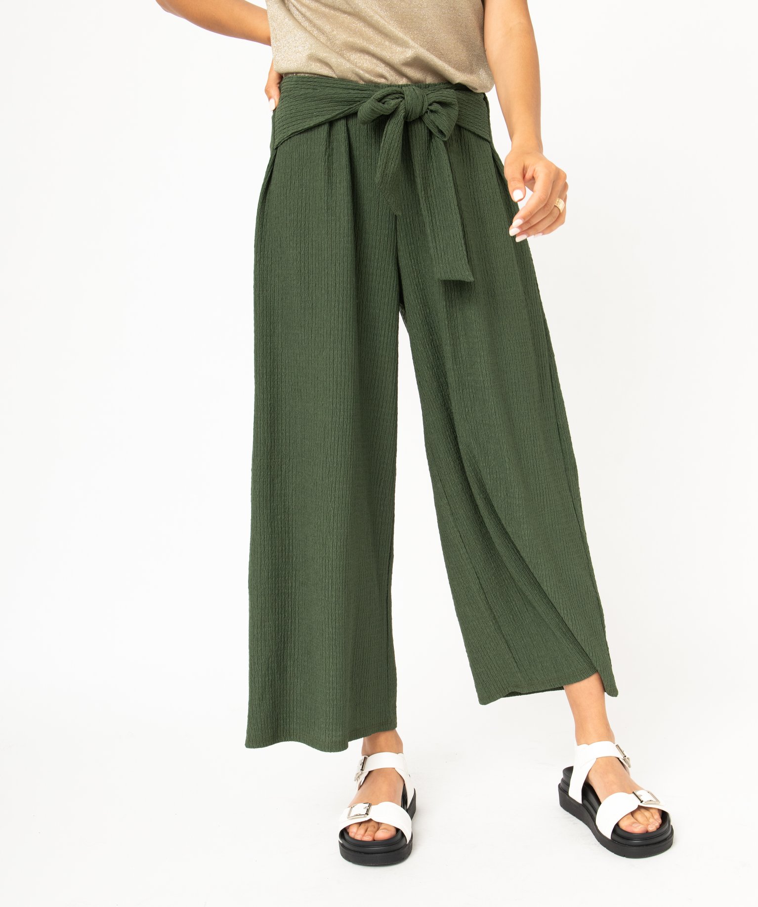Pantacourt large en maille avec ceinture à nouer femme kaki | GEMO