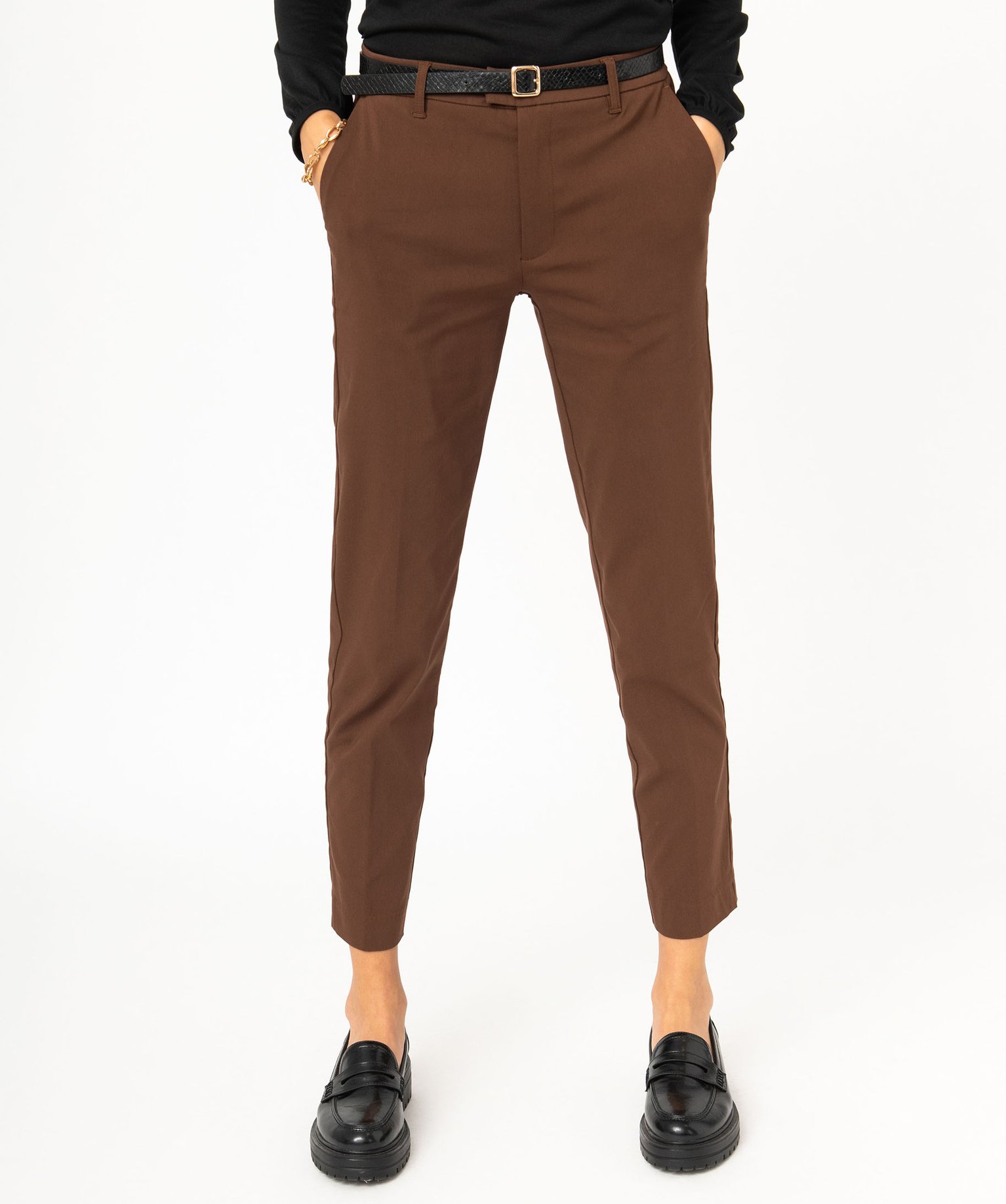 Pantalon en toile extensible coupe slim femme avec ceinture marron | GEMO