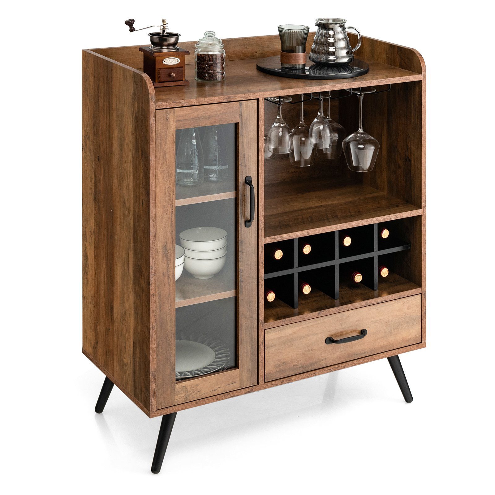COSTWAY Weinschrank mit Weinregal, Glashaltern, Schublade & Tür, 80x40x95cm
