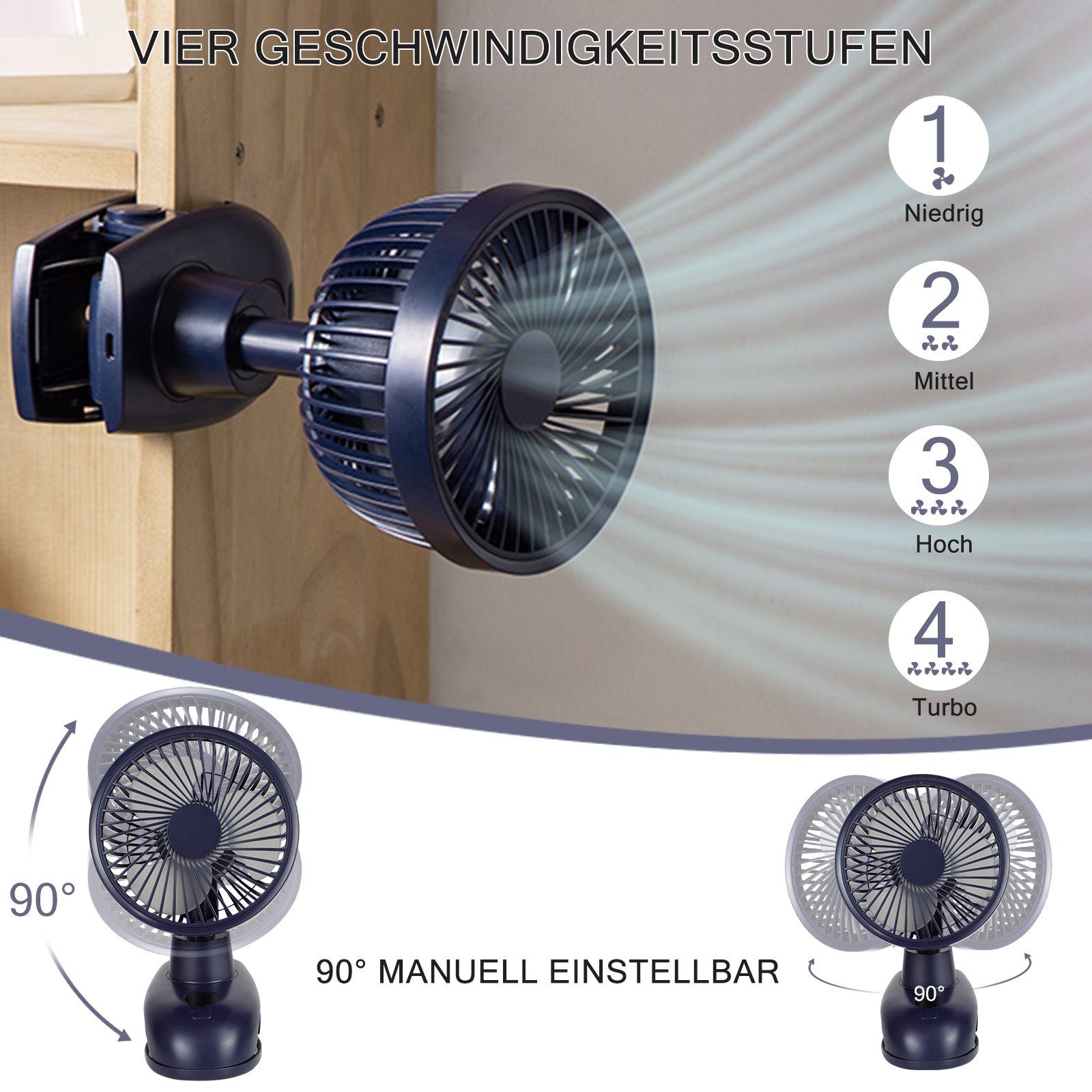 ZMH Mini USB-Ventilator 4 Geschwindigkeiten Oszillierend 5000mAh Akku Außen, 40dB Leise Fan