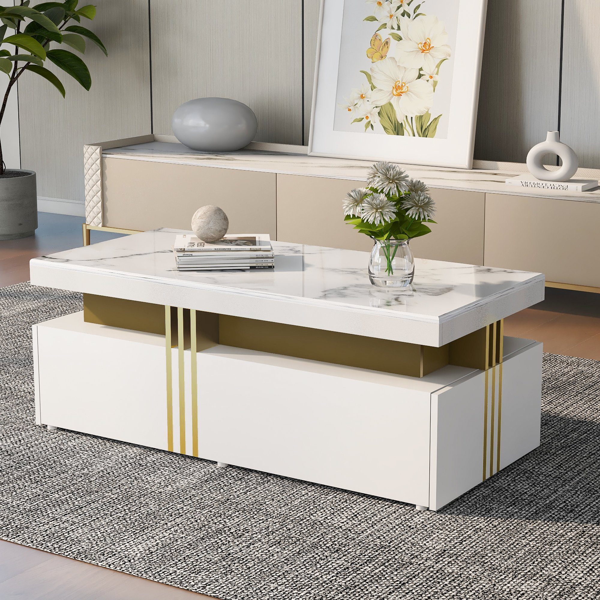 Odikalo Couchtisch Teetisch rechteckig Wohnzimmer 2 Holzschubladen Marmor Schwarz/Weiß