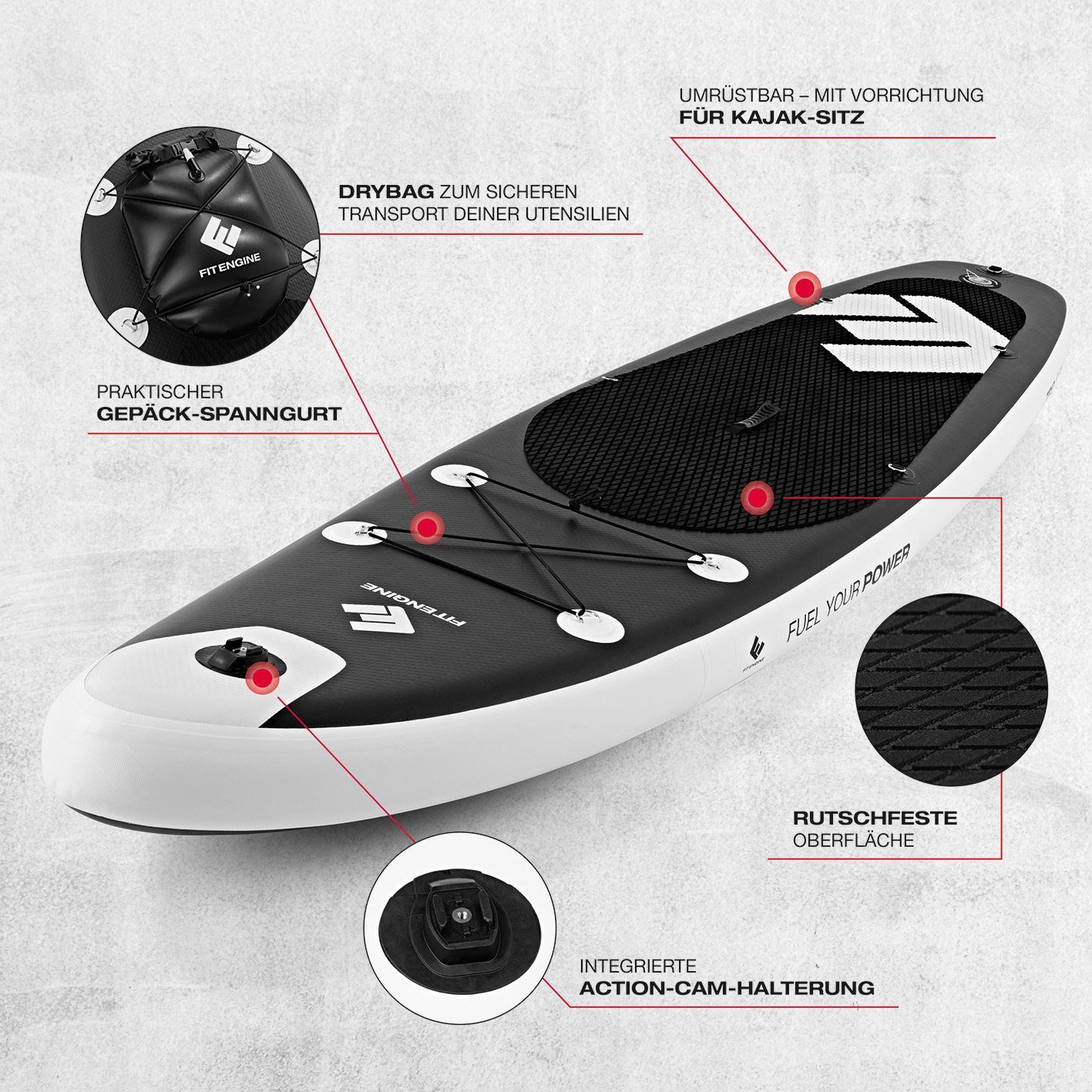 FitEngine Inflatable SUP-Board XXXL Stand Up Paddle Board inkl. Zubehör, Groß Stabil 325cm 140kg Board aufblasbar Paddel