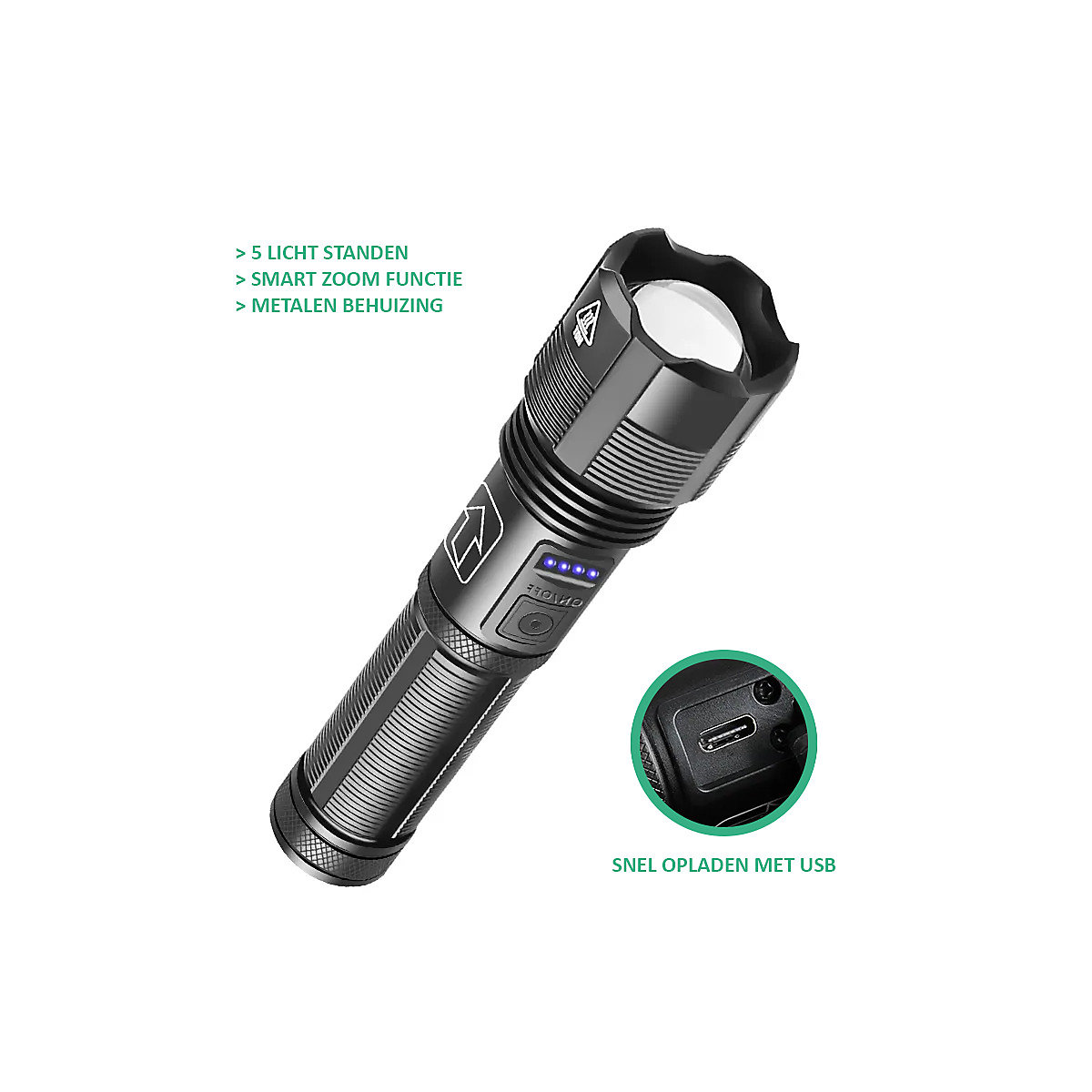Helle LED-Taschenlampe - 5 Modi - USB aufladbar - Inklusive wiederaufladbarem Akku - AAA-Batterie Backup - Zoomfunktion