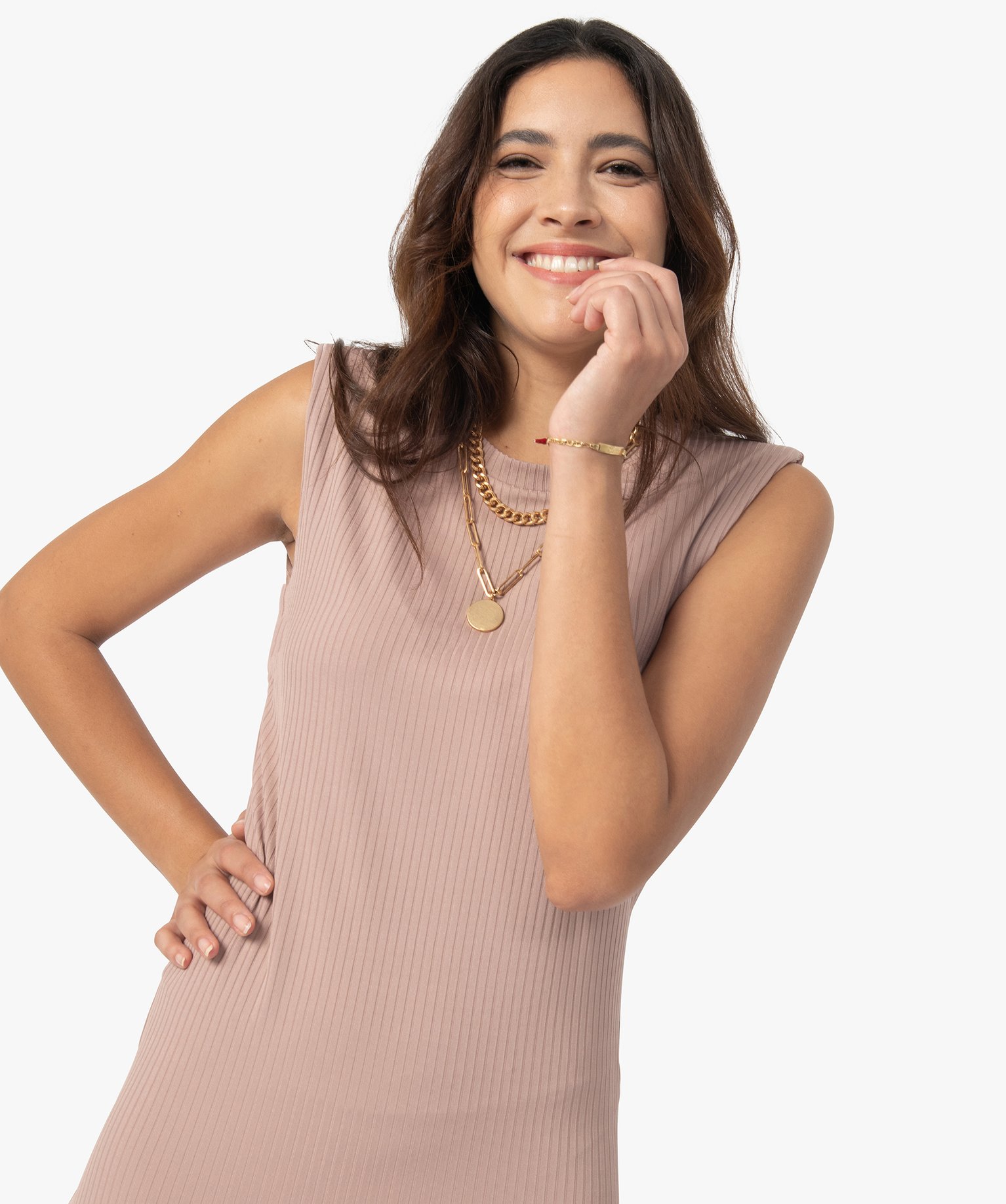 Robe femme en maille ctelée avec épaulettes | GEMO