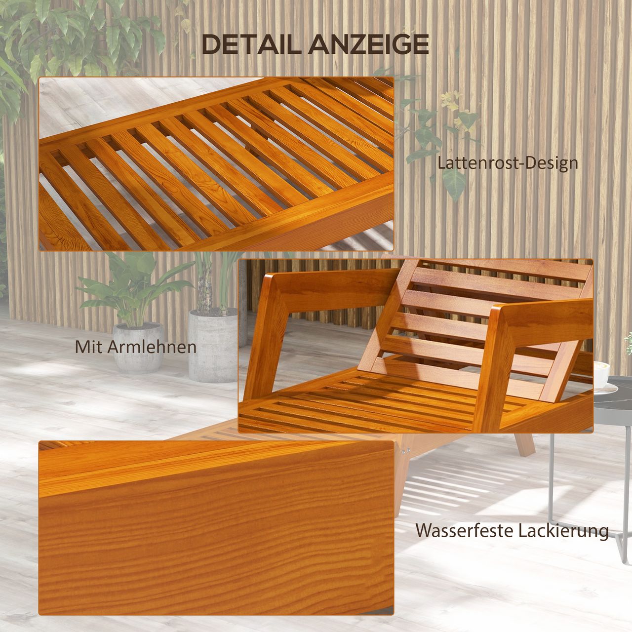 Outsunny Sonnenliege, Gartenliege aus Holz, Wetterfest Relaxliege für Balkon