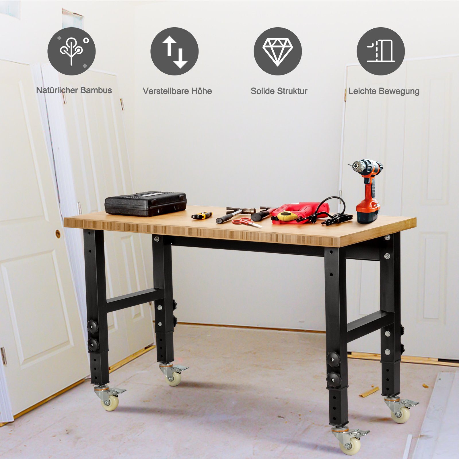 COSTWAY Werkbank, Höhenverstellbar, mit Rollen & Arbeitsfläche, 120cm