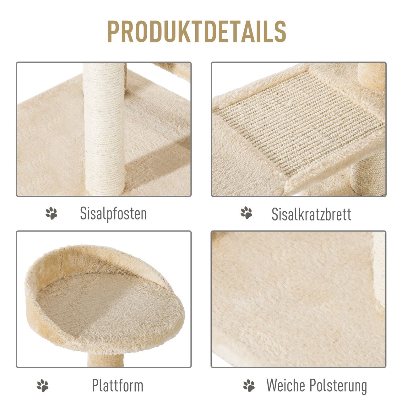 PawHut Kratzbaum mit Sisalsäulen, Katzenkratzbaum, Katzen Kletterbaum, Katzenbaum, Beige, 50 x 50 x 100 cm