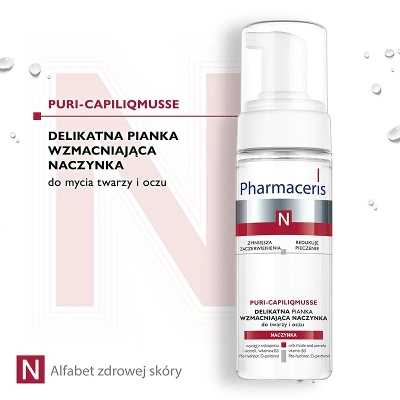 „Pharmaceris N Puri-Capilium“ švelnios veido ir paakių valomosios putos, stiprinančios kapiliarus.