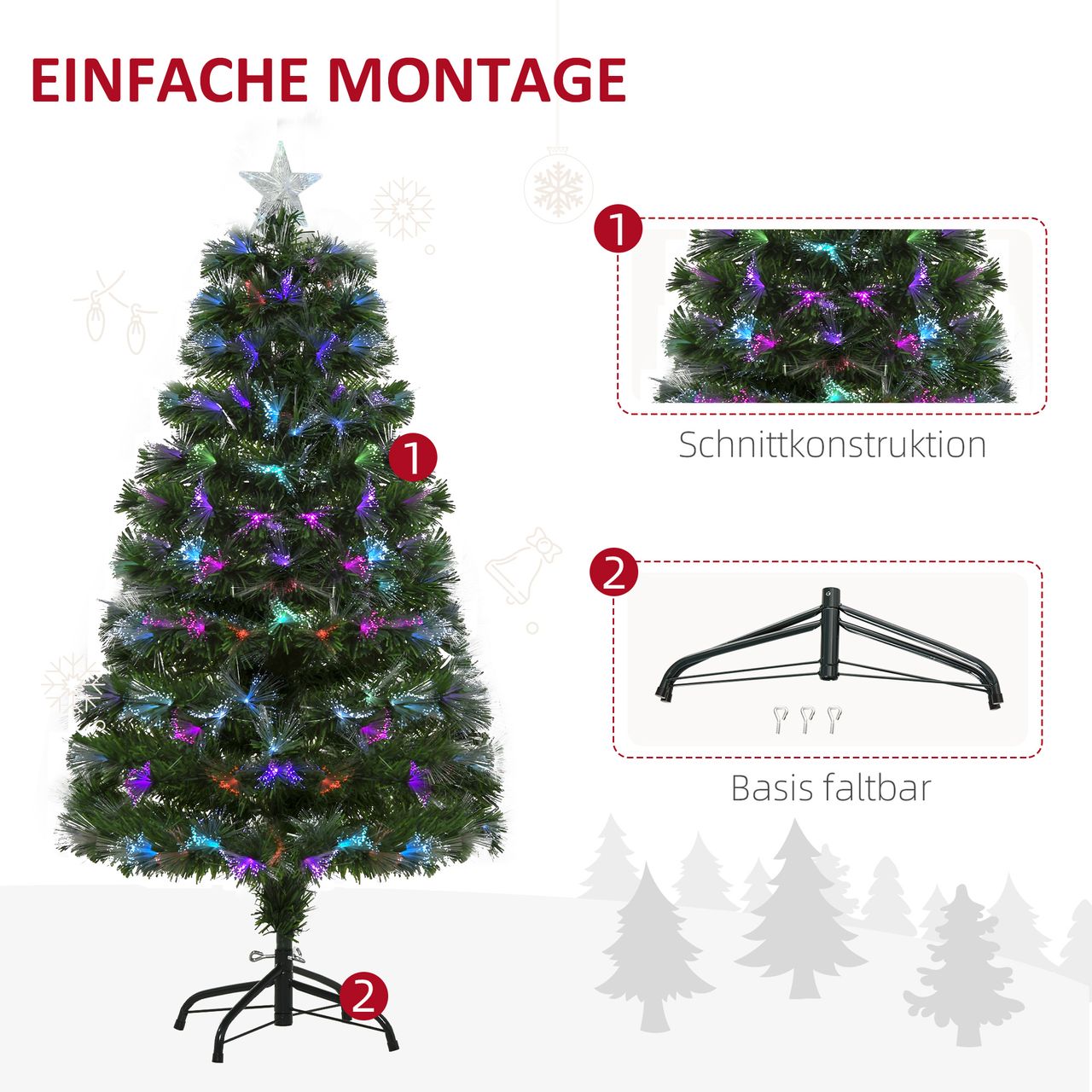 HOMCOM Weihnachtsbaum 1,2 m Christbaum Kunsttanne 130 Zweige Metallfuß PVC mehrfarbige Lichteffekte Ø66 x 120H cm