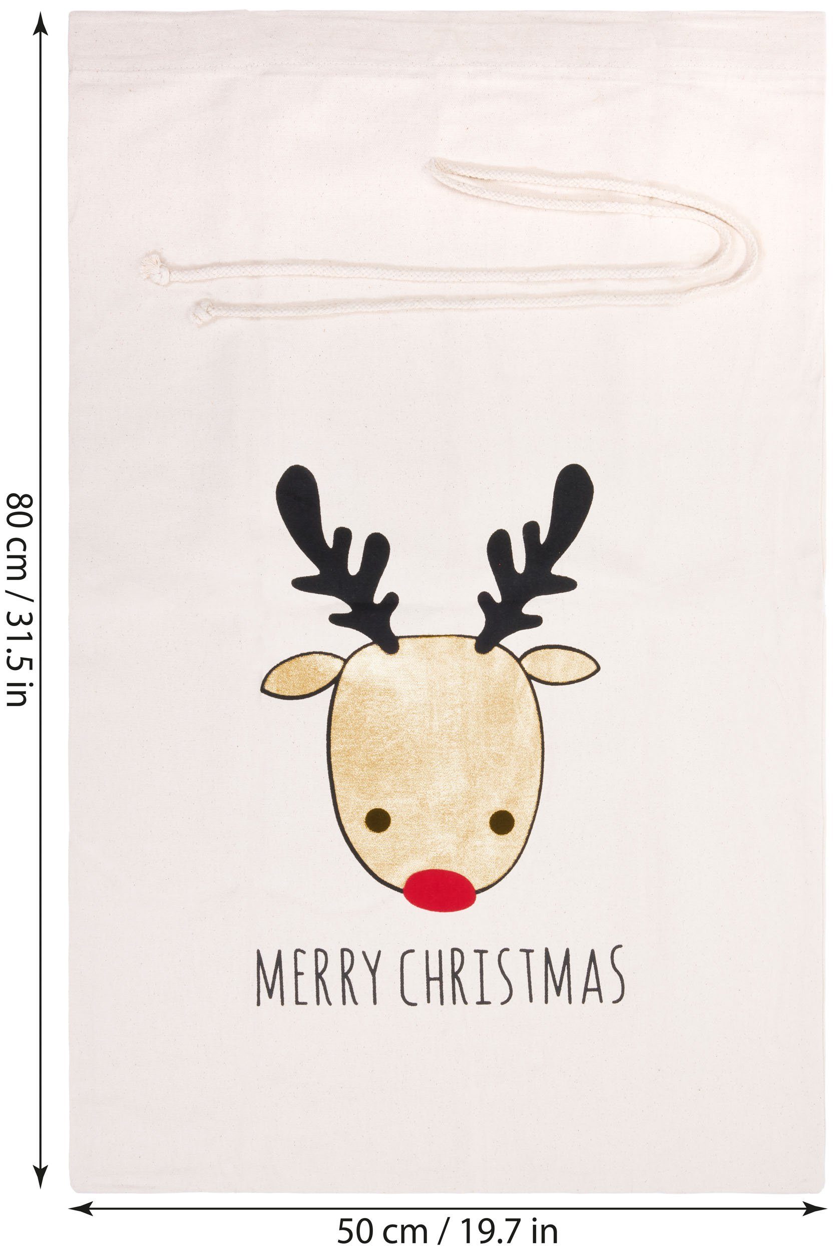 BRUBAKER Aufbewahrungstasche Weihnachtssack Rentier Gold - Merry Christmas (Nikolaussack Rentierkopf, 1-tlg., Sack Baumwolle mit Kordel zum Verpacken von Geschenken), 80 cm Geschenksack Weihnachten