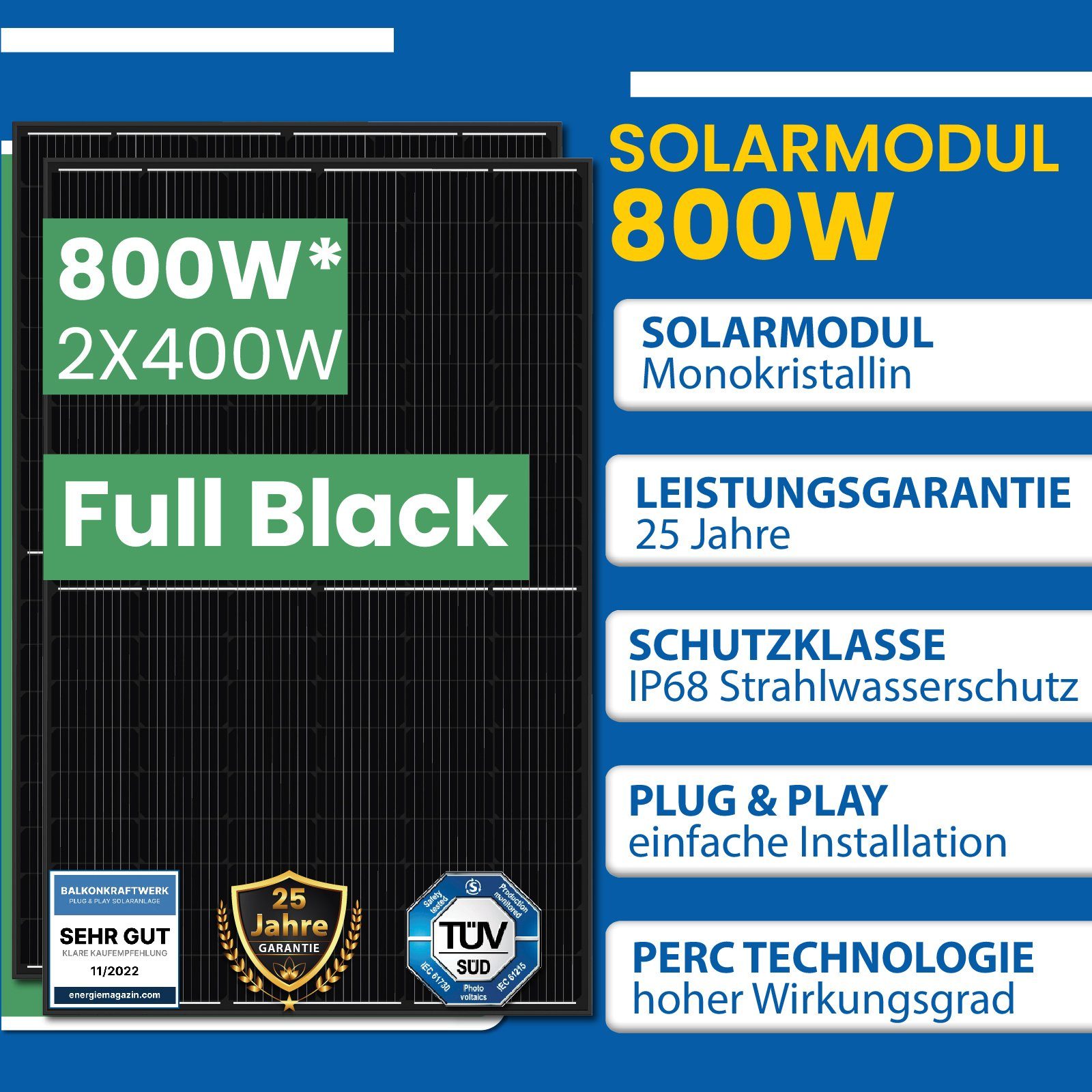 EPP.Solar Solaranlage 800W Balkonkraftwerk Komplettset mit 400W Black Frame Solarmodule, Monokristallin, Neu Generation 800W Deye WIFI Wechselrichter mit Relais, (Balkon-Solaranlage steckerfertig für Ihr Haus, Plug & Play)