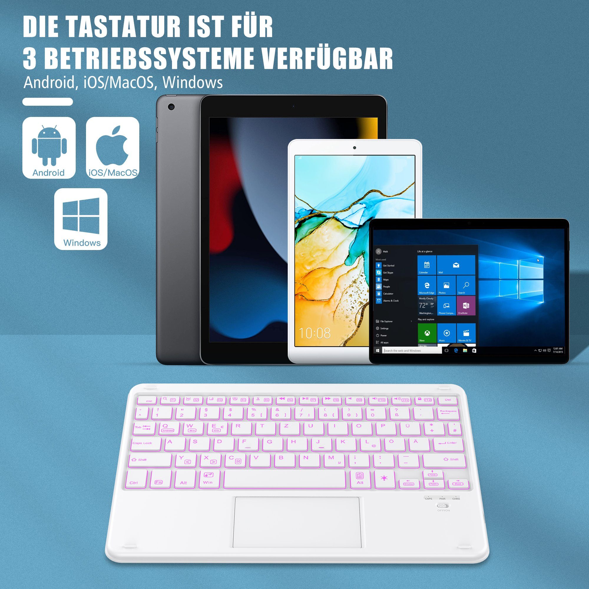 Tisoutec Tastatur Hülle für iPad 9./8./7.Generation,iPad 10,2 Tastatur iPad-Tastatur (Beleuchtete QWERTZ Bluetooth Tastatur Schutzhülle Stifthalter)